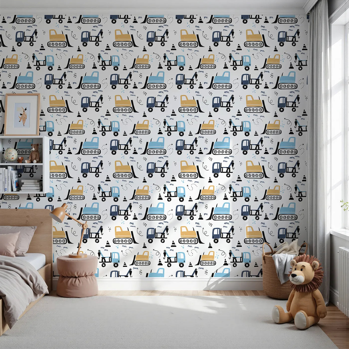 Front view of Whimsy Tots' Construction Doodle Zone Wallpaper in Yellow