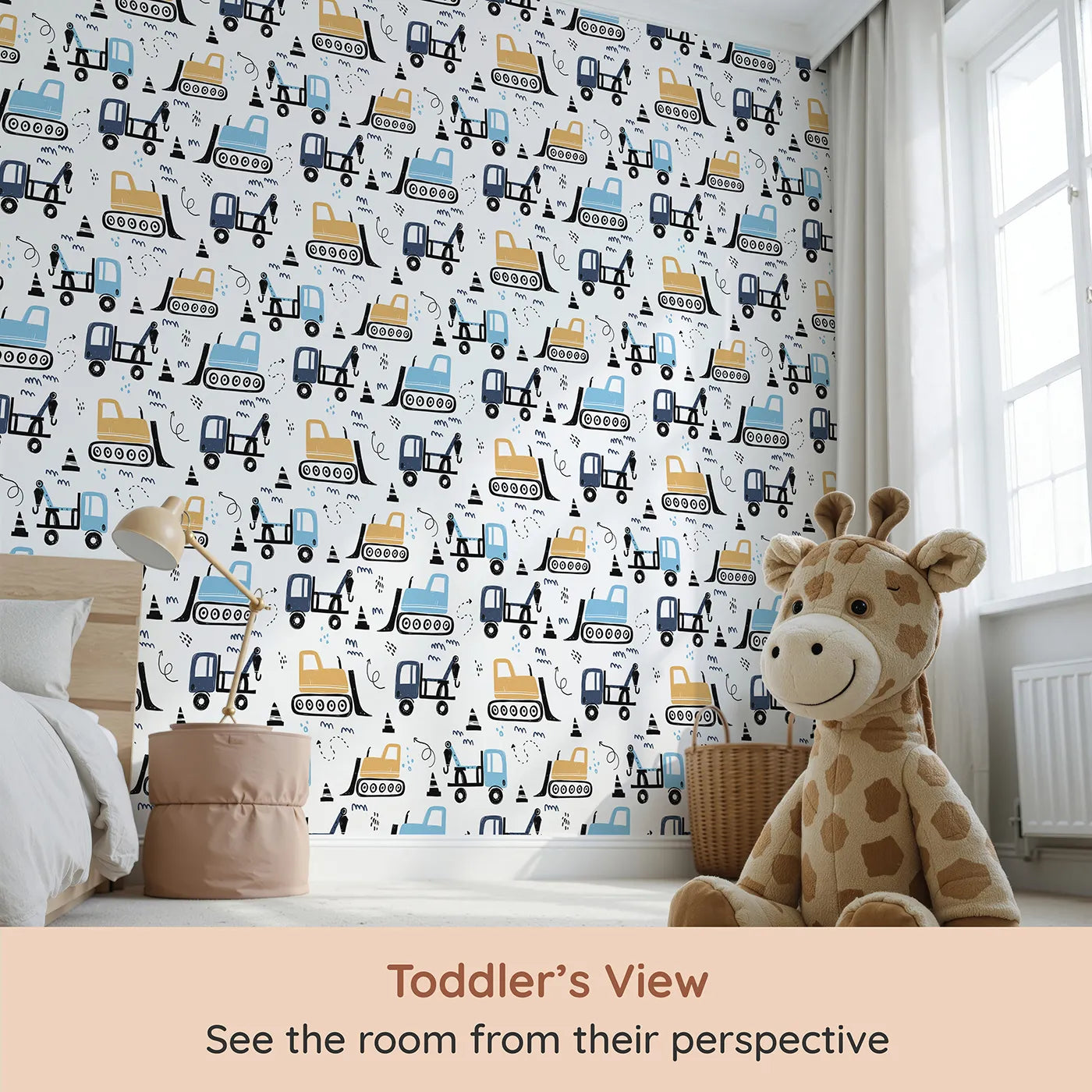 Whimsy Tots Construction Doodle Zone Wallpaper in Yellow (W2053) from your child's view.Where cool construction trucks are ready to build big dreams.