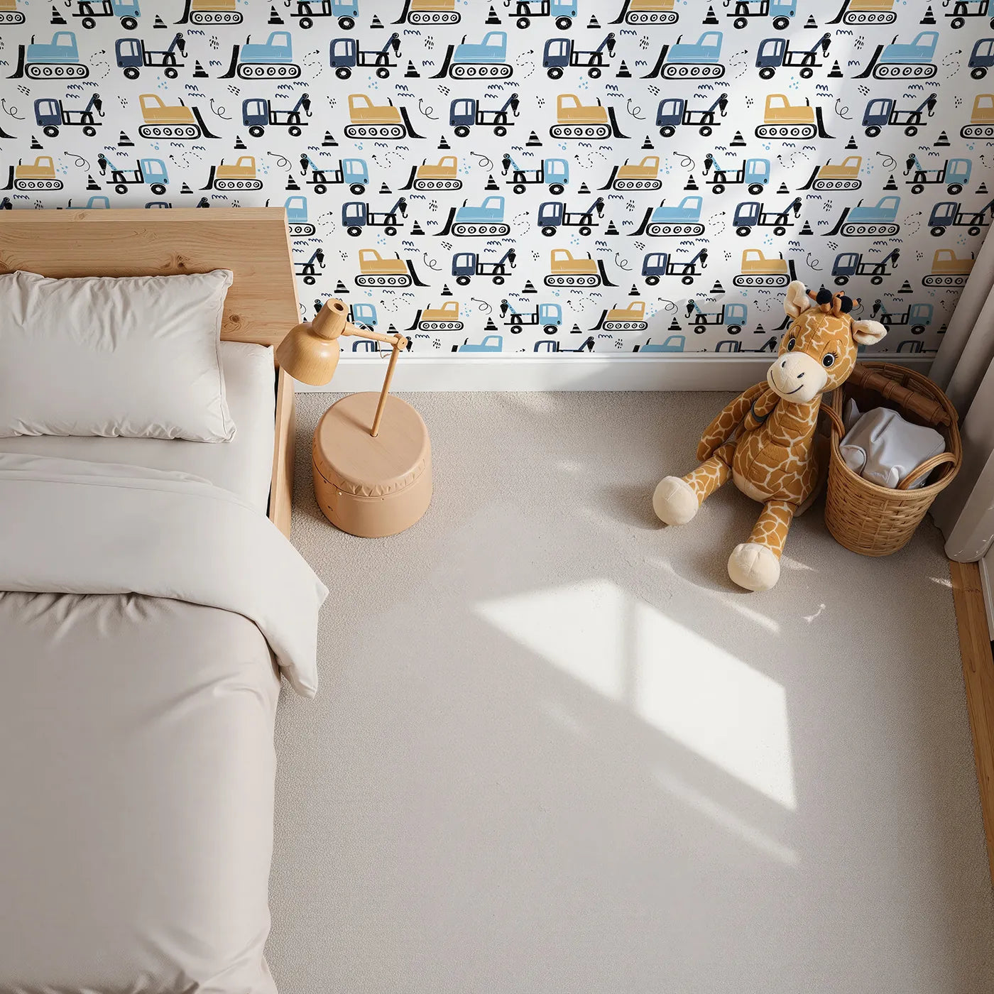 Top-Down view of Whimsy Tots' Construction Doodle Zone Wallpaper in Yellow (W2053).Where cool construction trucks are ready to build big dreams.