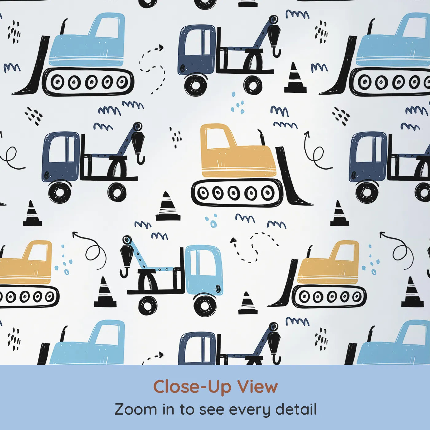 Close-up view of Whimsy Tots' Construction Doodle Zone Wallpaper in Yellow (W2053).Where cool construction trucks are ready to build big dreams.