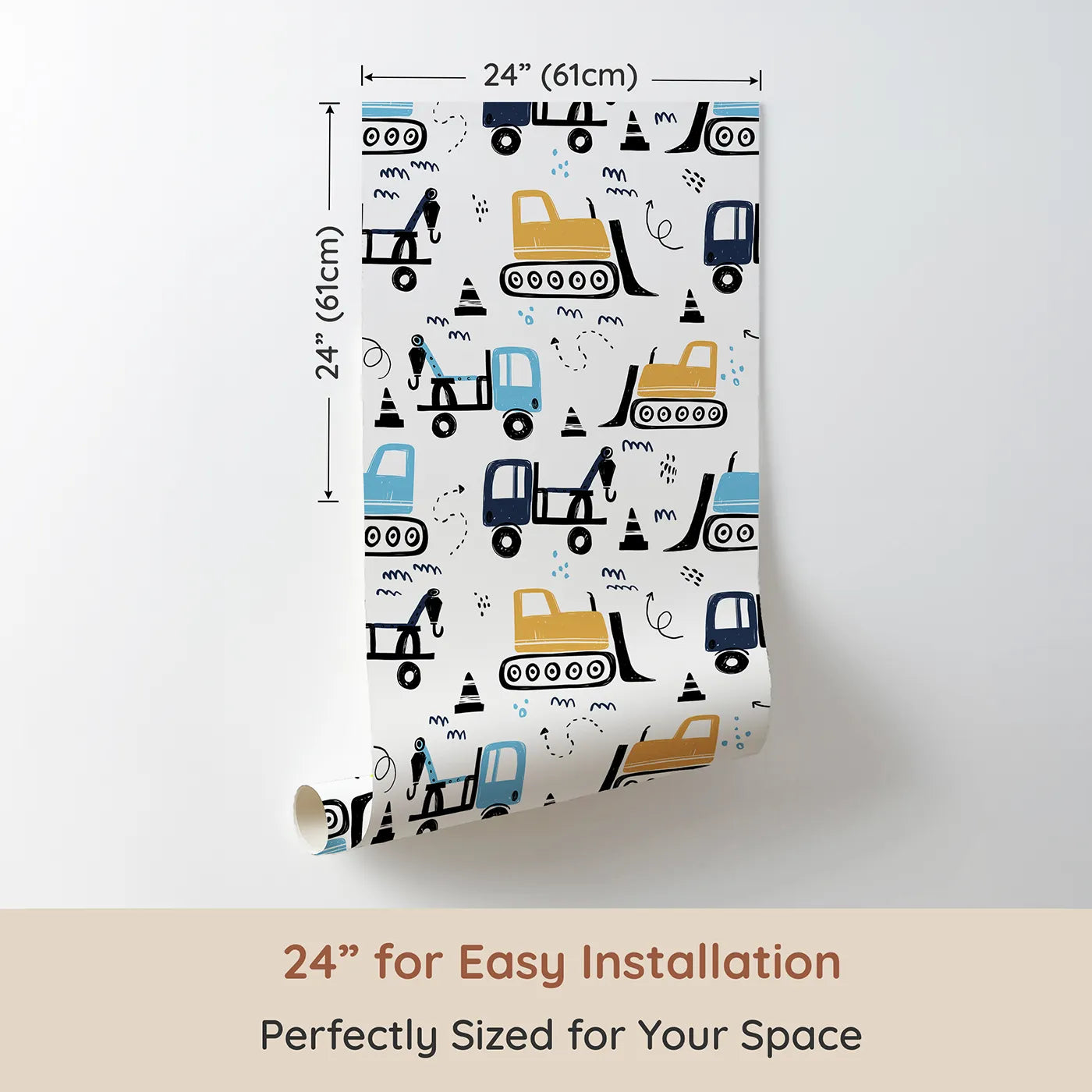 Dimension view of Whimsy Tots Construction Doodle Zone Wallpaper in Yellow (W2053). Printed in 24-inch-wide panel for easy installation. Where cool construction trucks are ready to build big dreams.