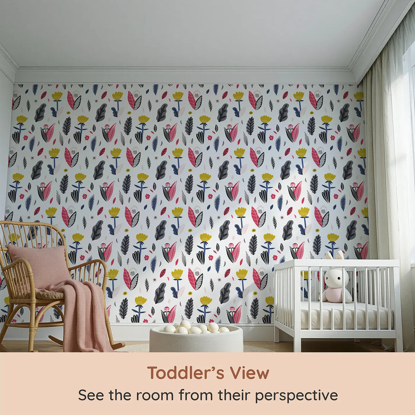 Whimsy Tots Modern Folk Art Floral Wallpaper (W2056) from your child's view.Where bold, modern flowers bloom with creative energy.
