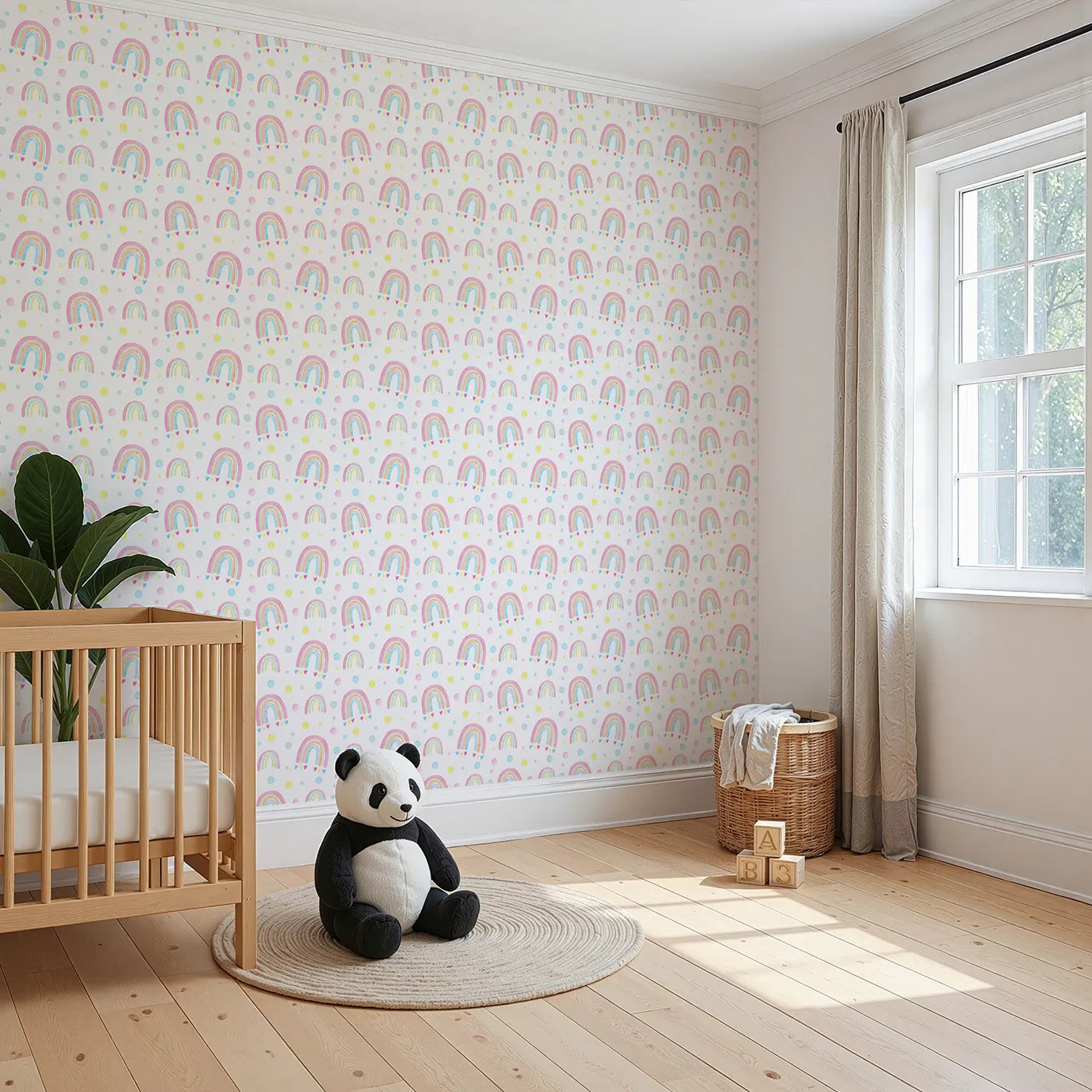 Angled view of Whimsy Tots' Watercolor Rainbow Dots Wallpaper (W2057).Where soft rainbows and happy polka dots fill the air.