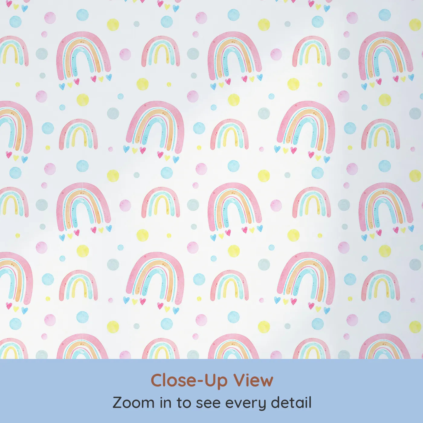 Close-up view of Whimsy Tots' Watercolor Rainbow Dots Wallpaper (W2057).Where soft rainbows and happy polka dots fill the air.
