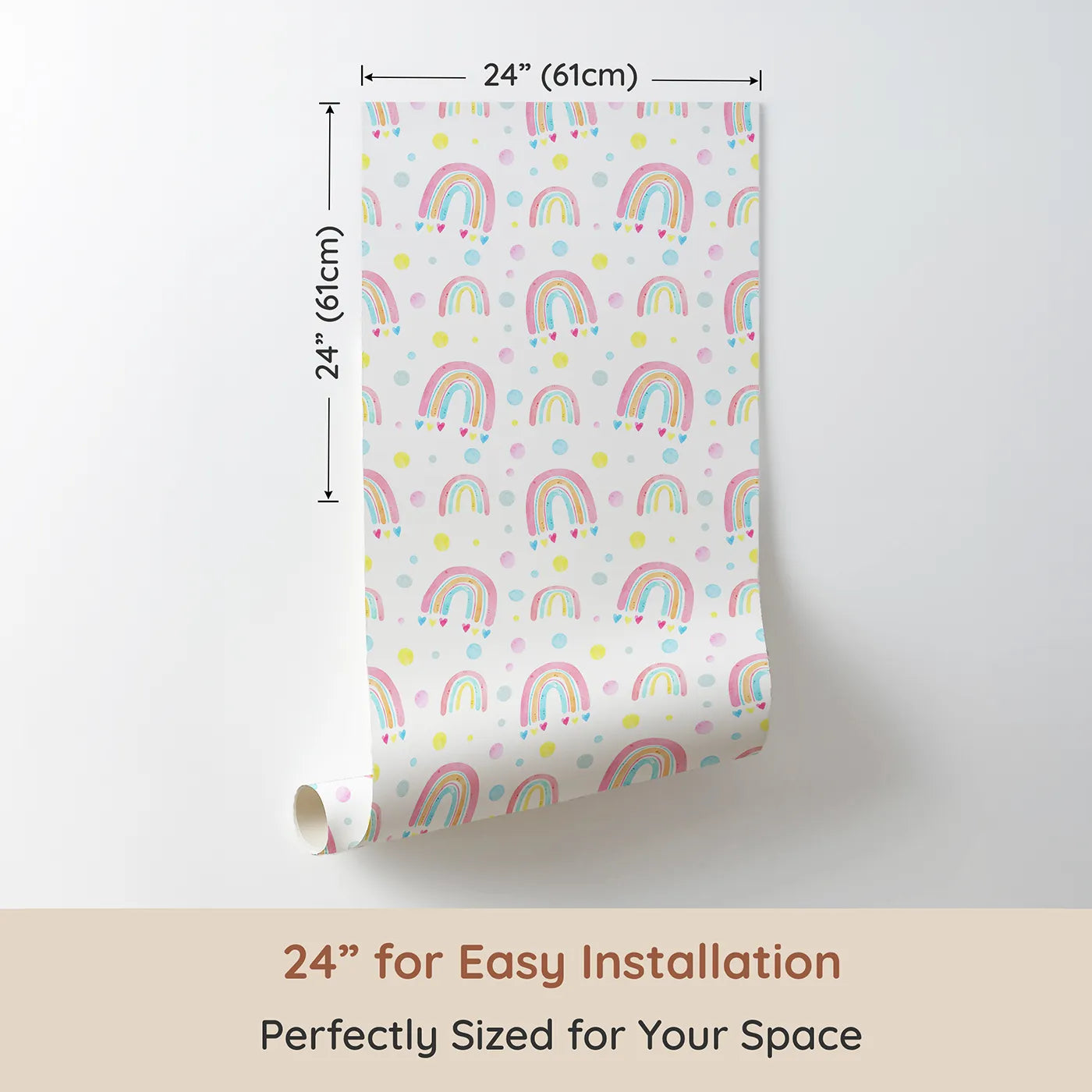 Dimension view of Whimsy Tots Watercolor Rainbow Dots Wallpaper (W2057). Printed in 24-inch-wide panel for easy installation. Where soft rainbows and happy polka dots fill the air.