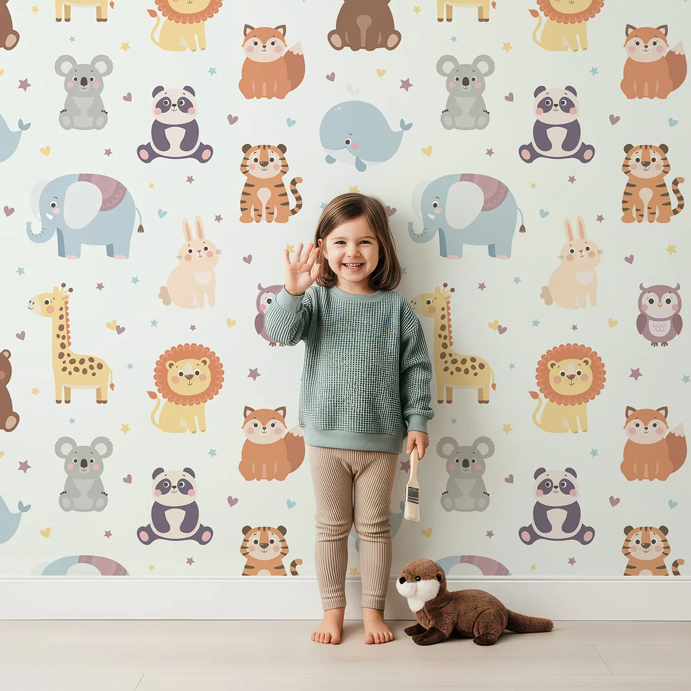 Lovely child standing in front of Whimsy Tots Sweet Animal Friends Wallpaper with animal, safari, woodland, cute, cartoon in design.