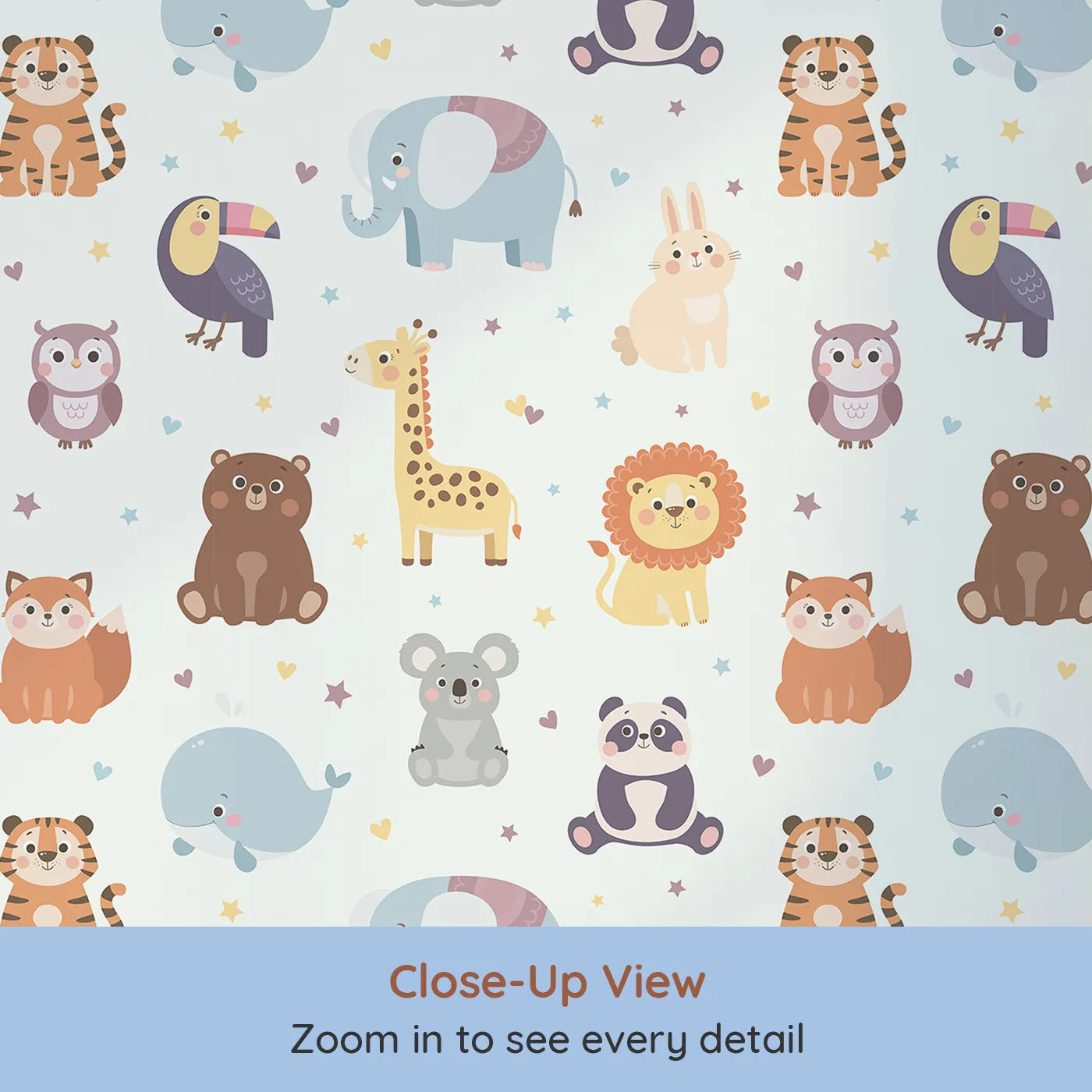 Close-up view of Whimsy Tots' Sweet Animal Friends Wallpaper (W2058).Where gentle animals gather to share stories and smiles.