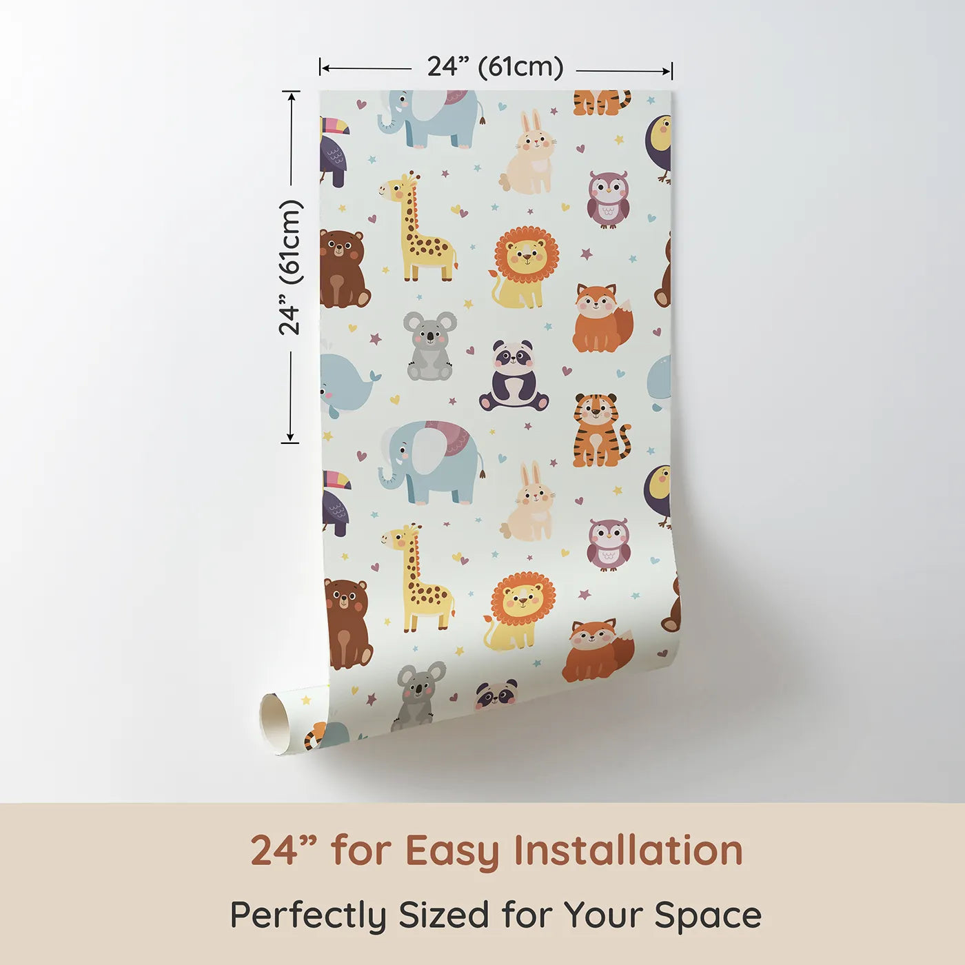 Dimension view of Whimsy Tots Sweet Animal Friends Wallpaper (W2058). Printed in 24-inch-wide panel for easy installation. Where gentle animals gather to share stories and smiles.