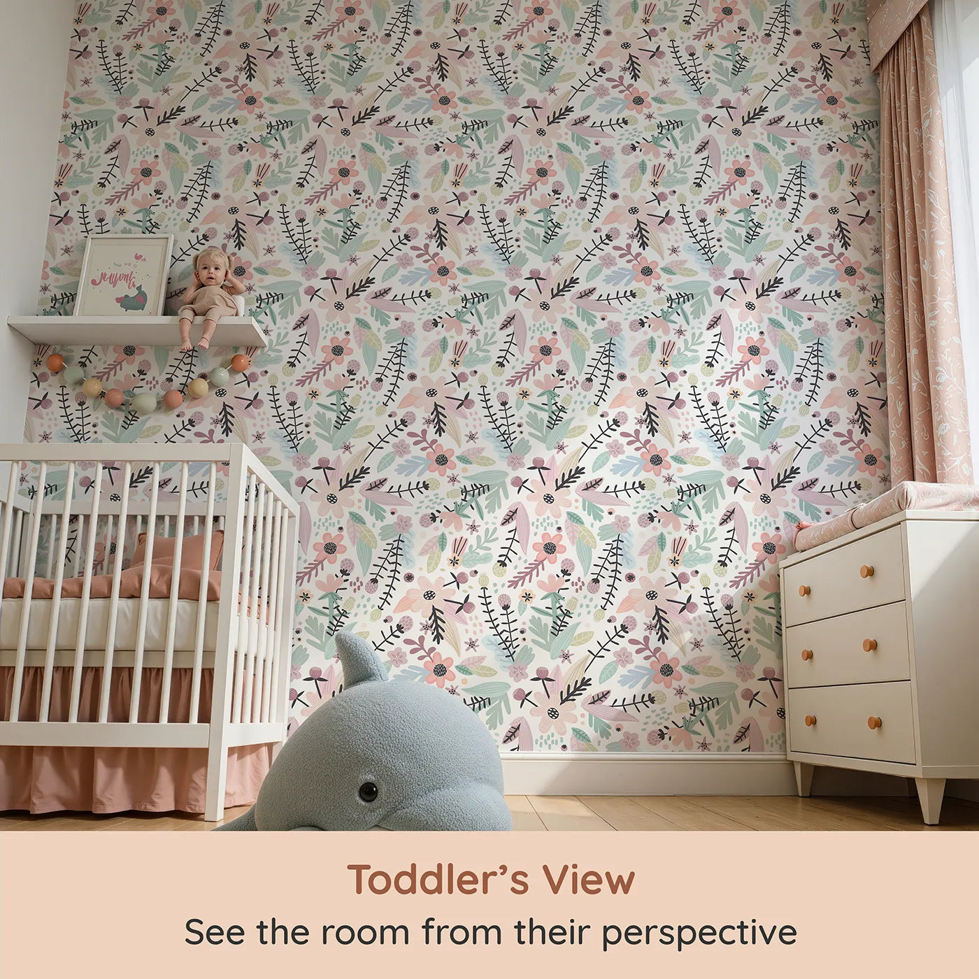 Whimsy Tots Pastel Wildflower Garden Wallpaper (W2059) from your child's view.Where modern, hand-drawn flowers bloom in a soft pastel palette.