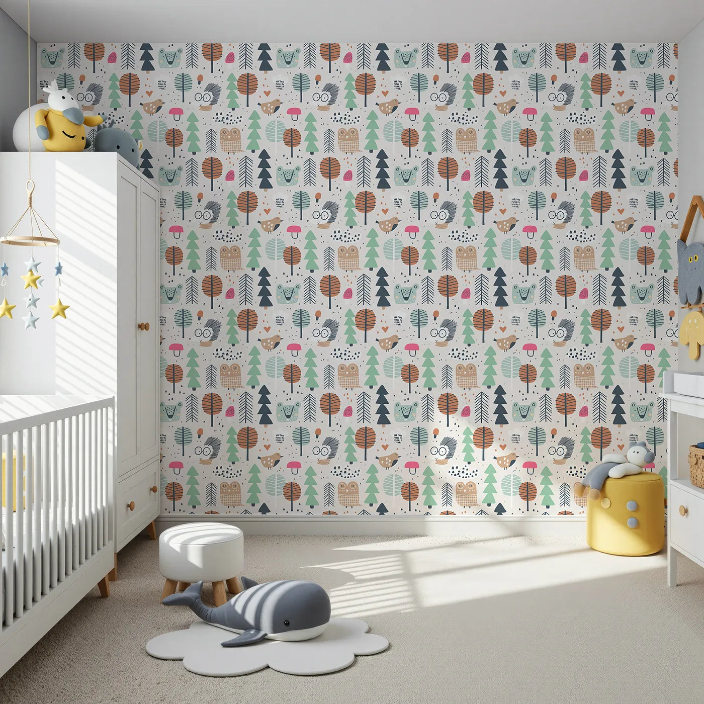 Front view of Whimsy Tots' Scandinavian Woodland Friends Wallpaper