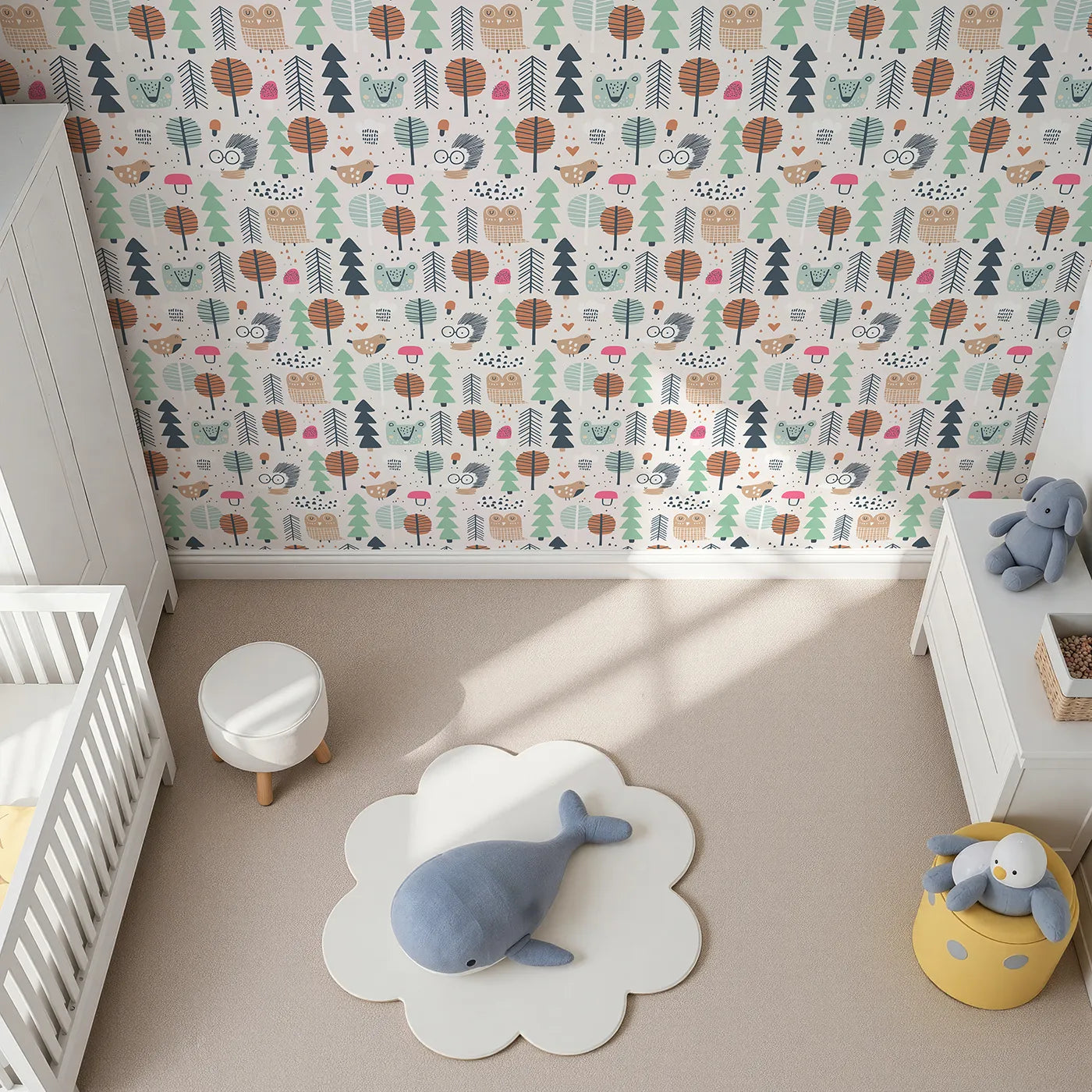 Top-Down view of Whimsy Tots' Scandinavian Woodland Friends Wallpaper (W2061).Where friendly woodland creatures play among colorful, modern trees.