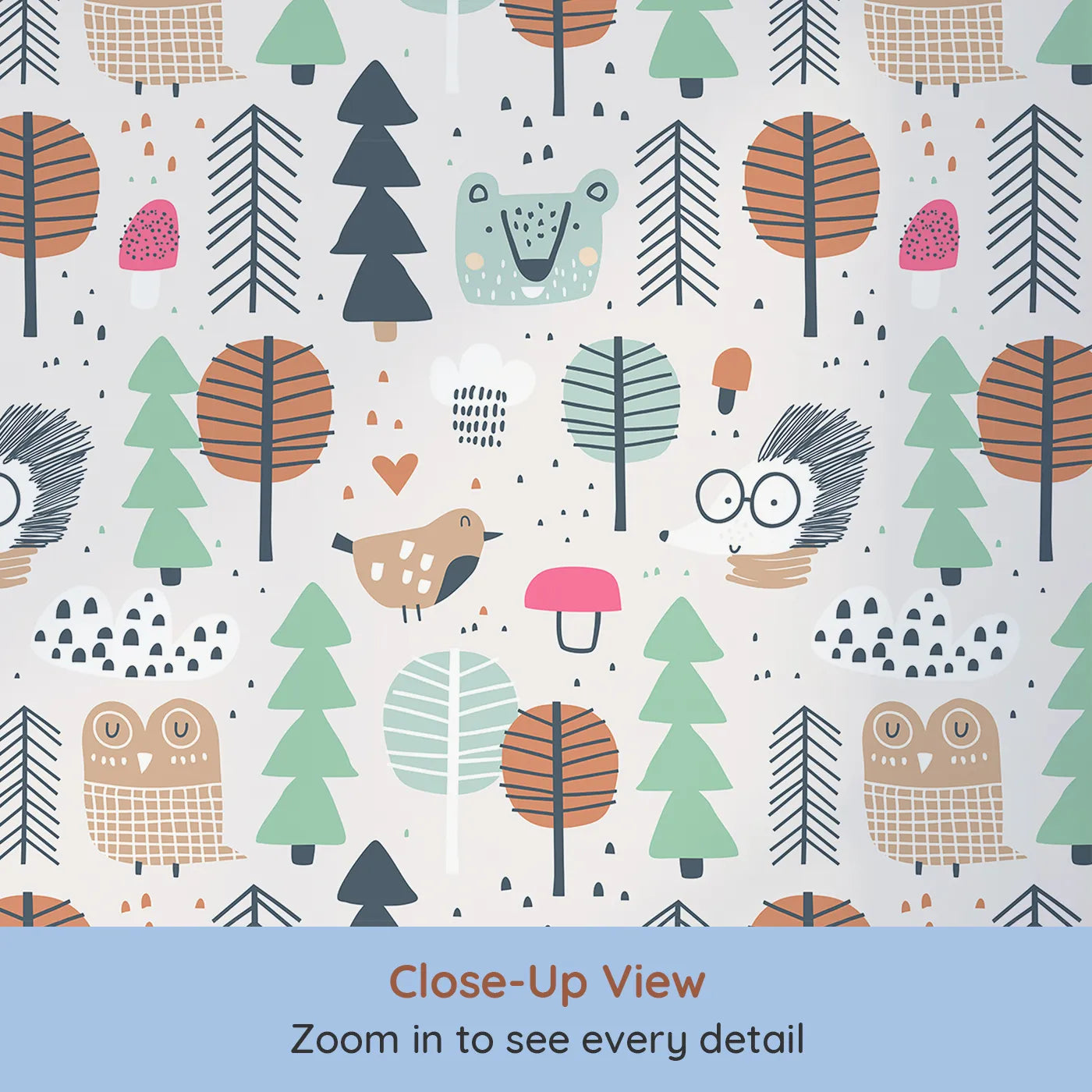 Close-up view of Whimsy Tots' Scandinavian Woodland Friends Wallpaper (W2061).Where friendly woodland creatures play among colorful, modern trees.