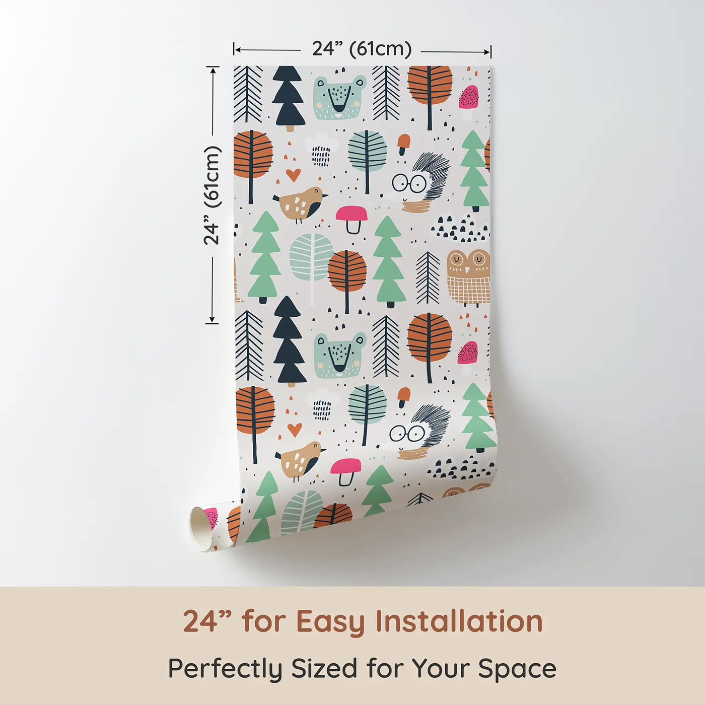 Dimension view of Whimsy Tots Scandinavian Woodland Friends Wallpaper (W2061). Printed in 24-inch-wide panel for easy installation. Where friendly woodland creatures play among colorful, modern trees.