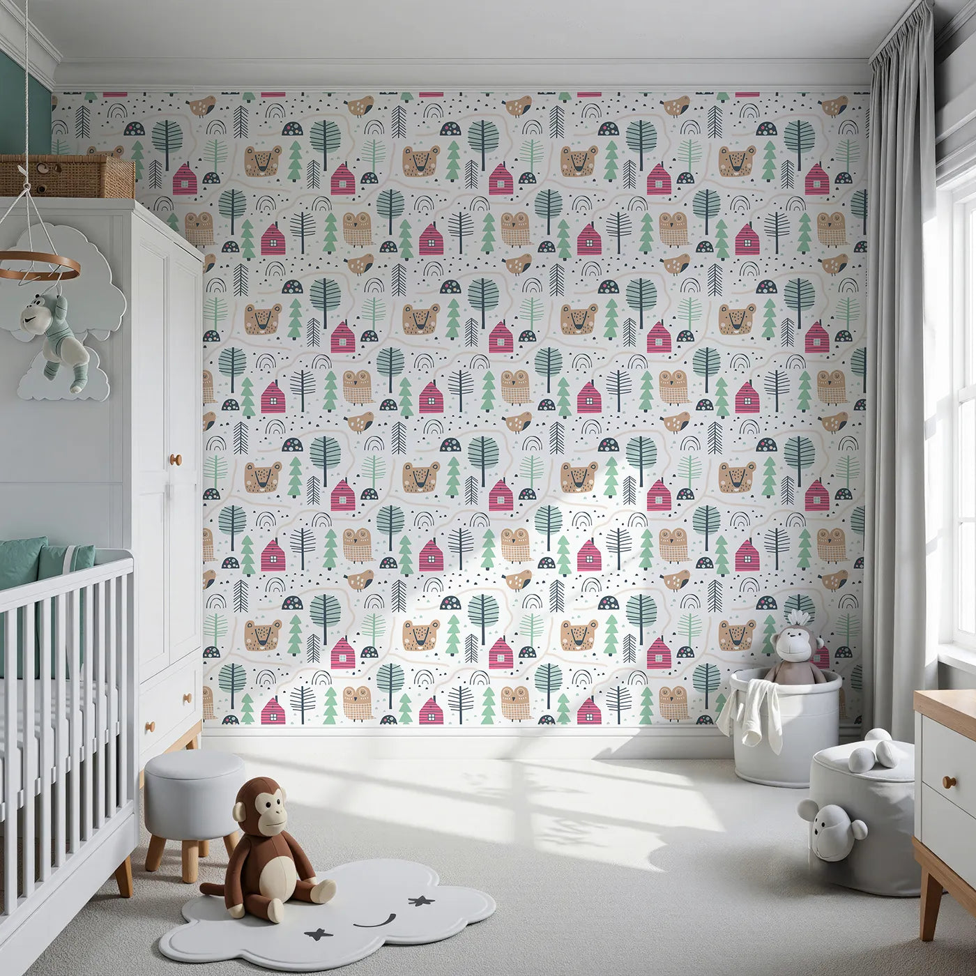 Front view of Whimsy Tots' Woodland Village Path Wallpaper