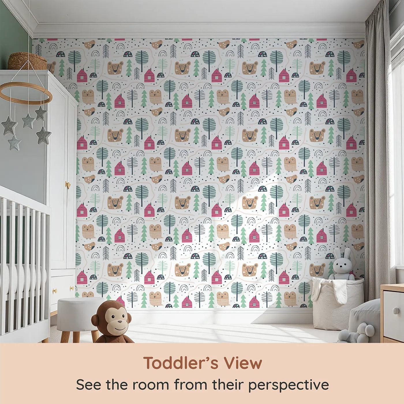 Whimsy Tots Woodland Village Path Wallpaper (W2062) from your child's view.Where friendly animals and sweet little houses are connected by winding paths.