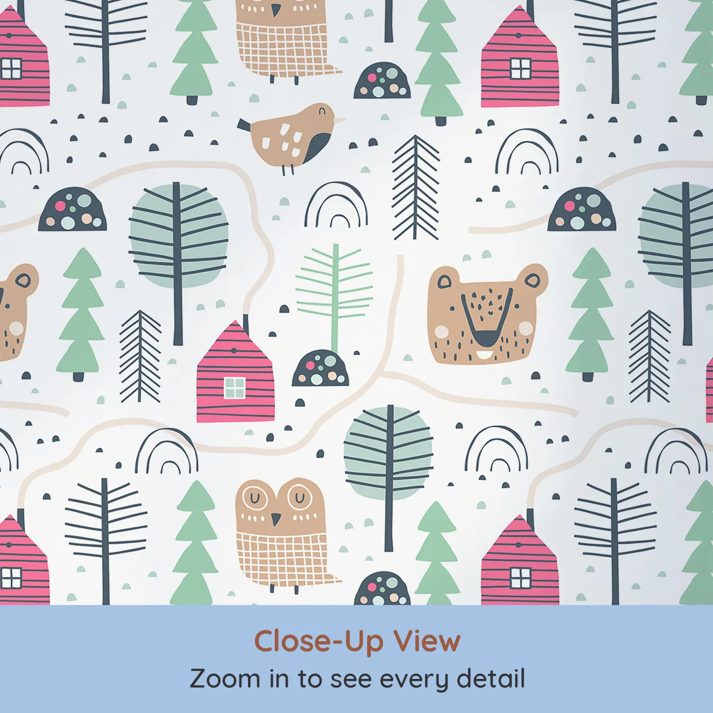 Close-up view of Whimsy Tots' Woodland Village Path Wallpaper (W2062).Where friendly animals and sweet little houses are connected by winding paths.