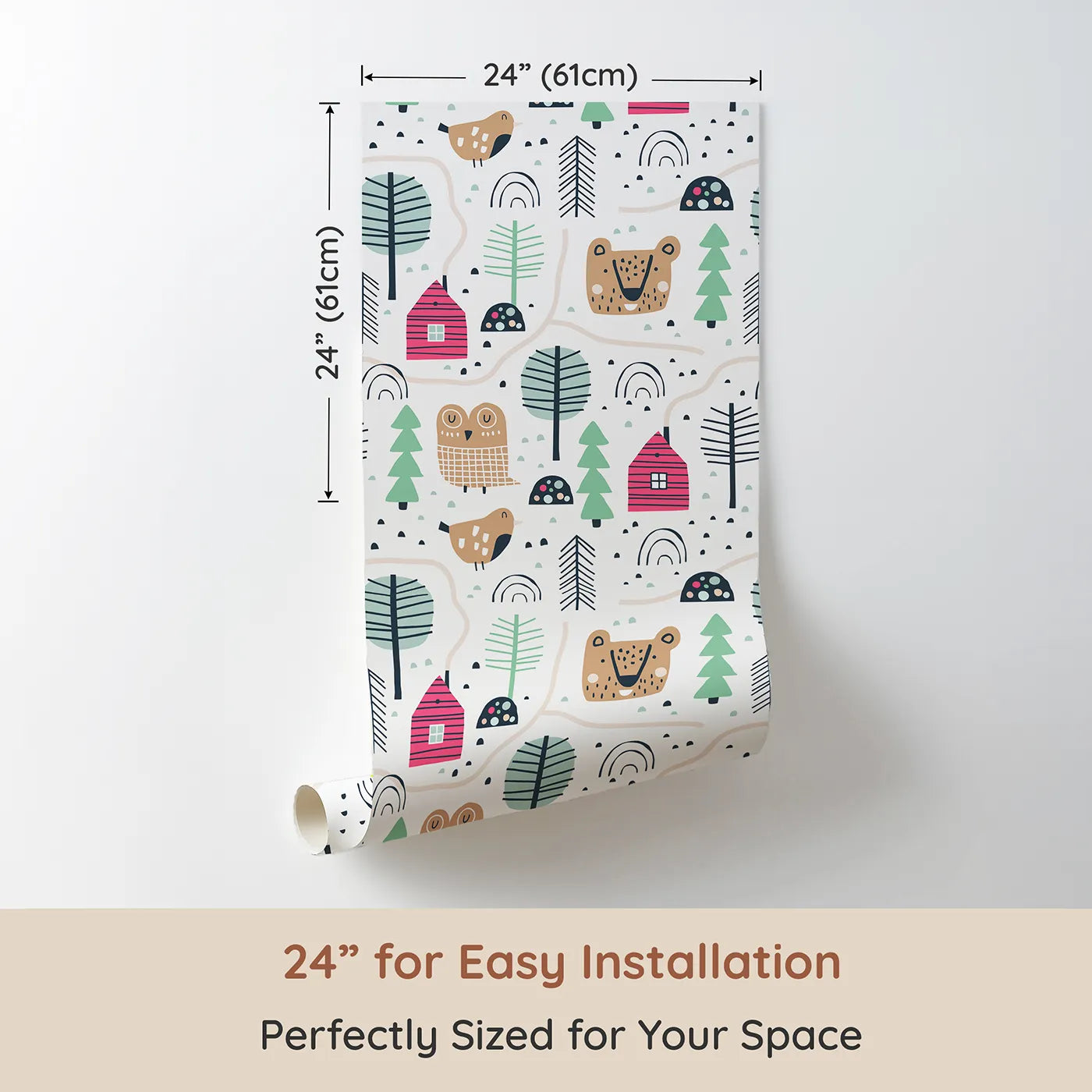 Dimension view of Whimsy Tots Woodland Village Path Wallpaper (W2062). Printed in 24-inch-wide panel for easy installation. Where friendly animals and sweet little houses are connected by winding paths.