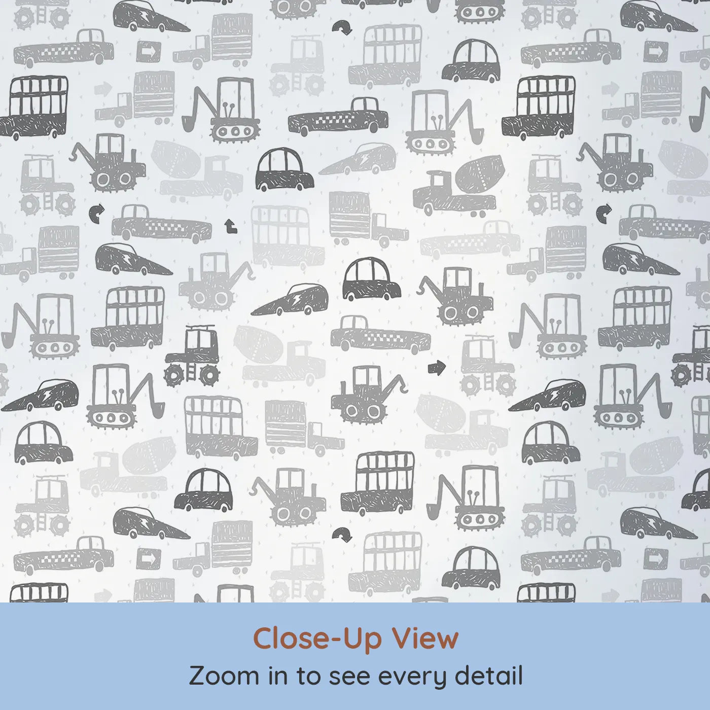 Close-up view of Whimsy Tots' Monochrome Vehicle Mashup Wallpaper (W2063).Where all kinds of cars and trucks are on the move.