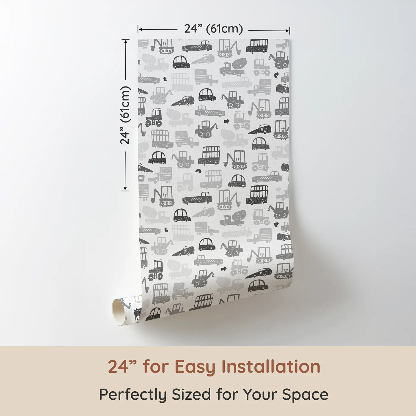 Dimension view of Whimsy Tots Monochrome Vehicle Mashup Wallpaper (W2063). Printed in 24-inch-wide panel for easy installation. Where all kinds of cars and trucks are on the move.