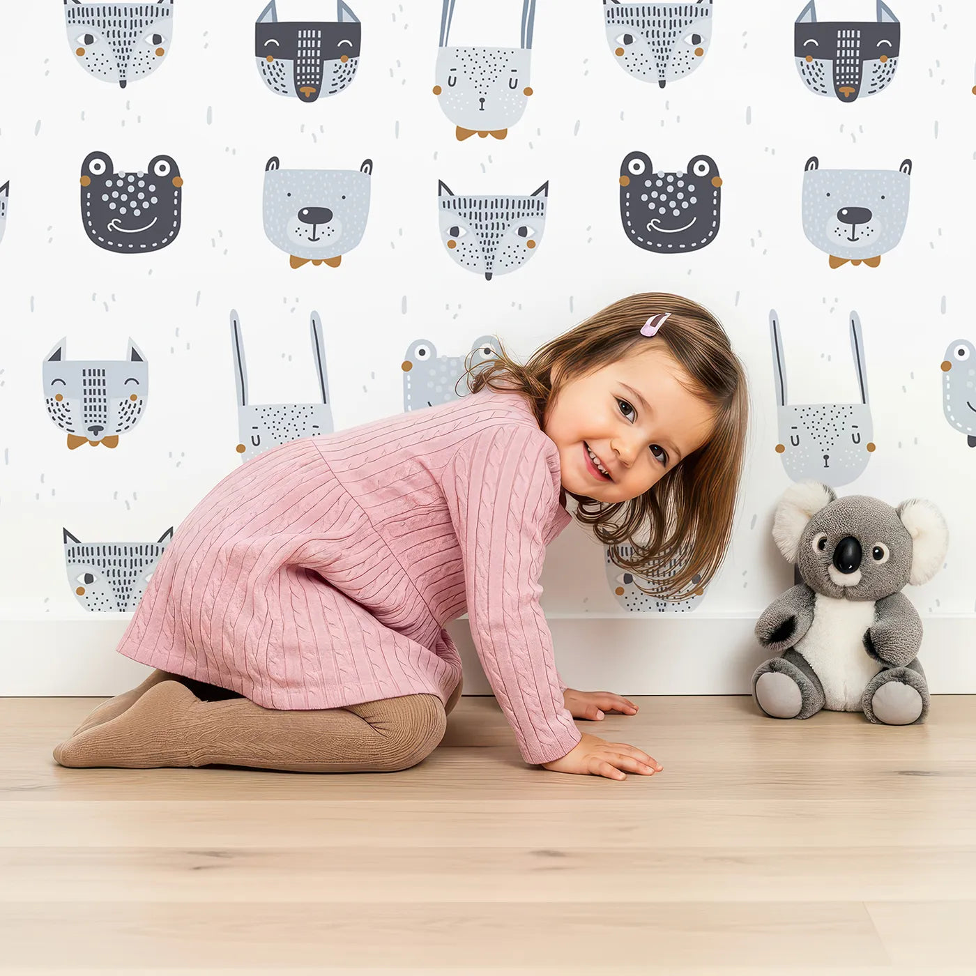 Lovely child standing in front of Whimsy Tots Dapper Animal Portraits Wallpaper with animal, face, scandinavian, modern, bowtie in design.