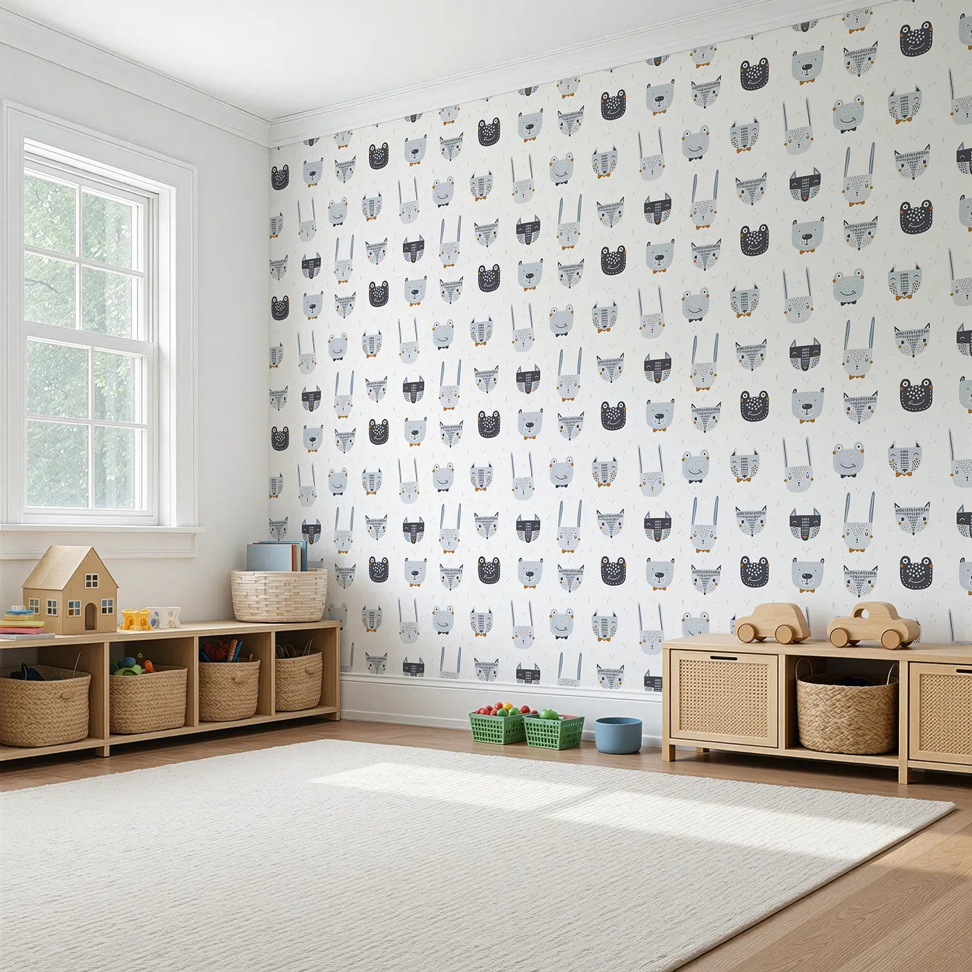 Angled view of Whimsy Tots' Dapper Animal Portraits Wallpaper (W2064).Where dapper little animals are dressed in their best bow ties.