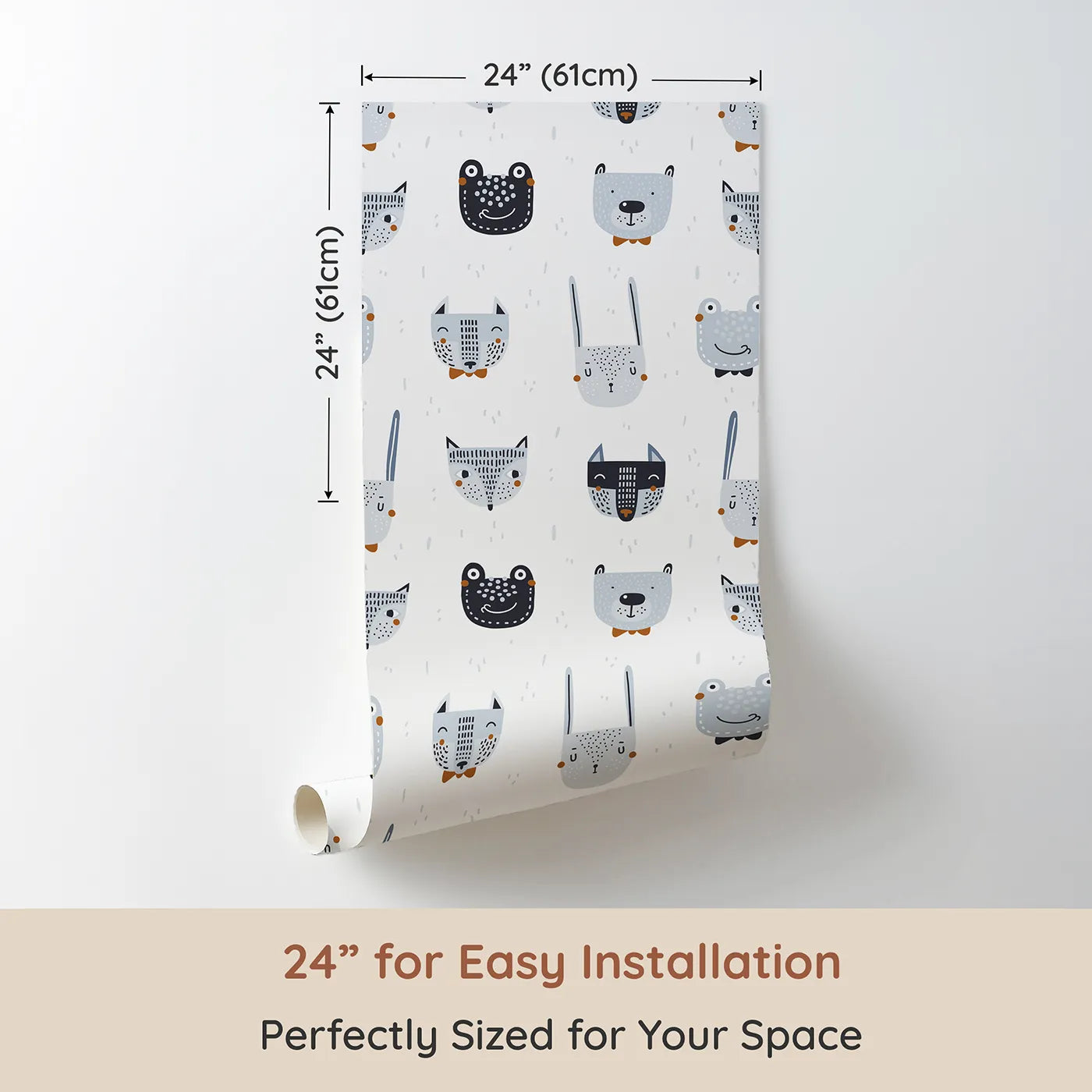 Dimension view of Whimsy Tots Dapper Animal Portraits Wallpaper (W2064). Printed in 24-inch-wide panel for easy installation. Where dapper little animals are dressed in their best bow ties.