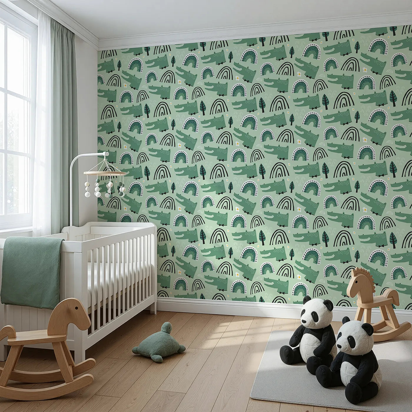 Angled view of Whimsy Tots' Crocodile Rainbow Party Wallpaper in Green (W2065).Where happy crocodiles and modern rainbows are ready to party.
