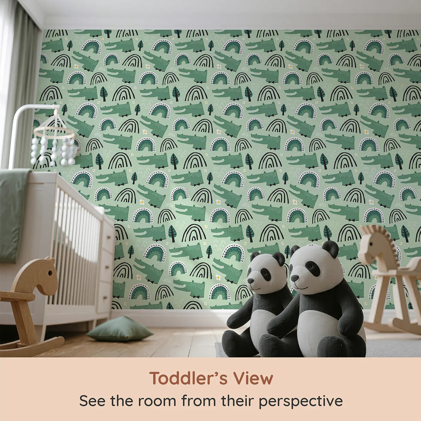 Whimsy Tots Crocodile Rainbow Party Wallpaper in Green (W2065) from your child's view.Where happy crocodiles and modern rainbows are ready to party.