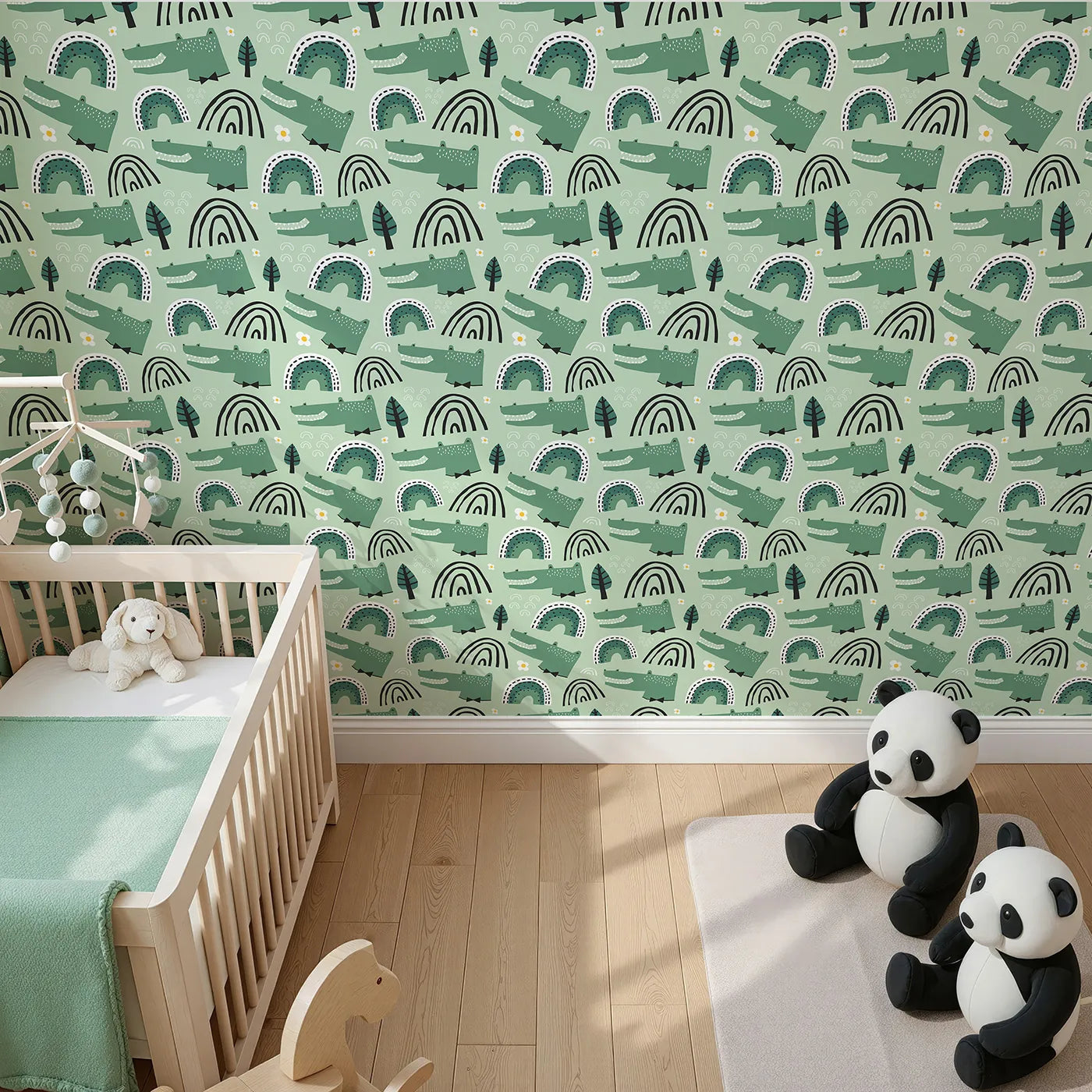 Top-Down view of Whimsy Tots' Crocodile Rainbow Party Wallpaper in Green (W2065).Where happy crocodiles and modern rainbows are ready to party.