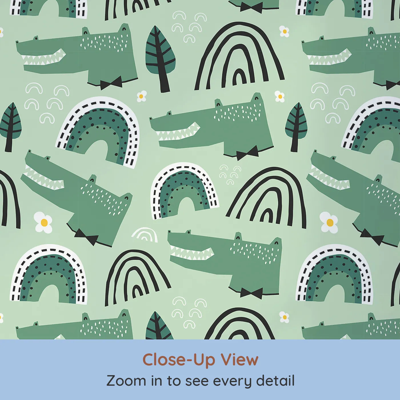 Close-up view of Whimsy Tots' Crocodile Rainbow Party Wallpaper in Green (W2065).Where happy crocodiles and modern rainbows are ready to party.
