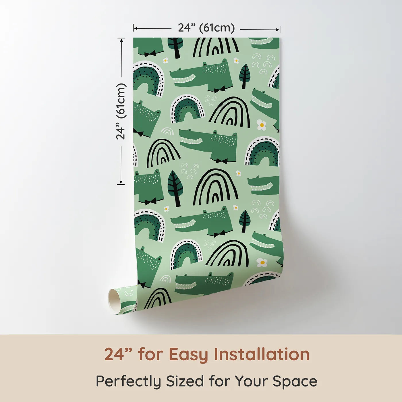 Dimension view of Whimsy Tots Crocodile Rainbow Party Wallpaper in Green (W2065). Printed in 24-inch-wide panel for easy installation. Where happy crocodiles and modern rainbows are ready to party.