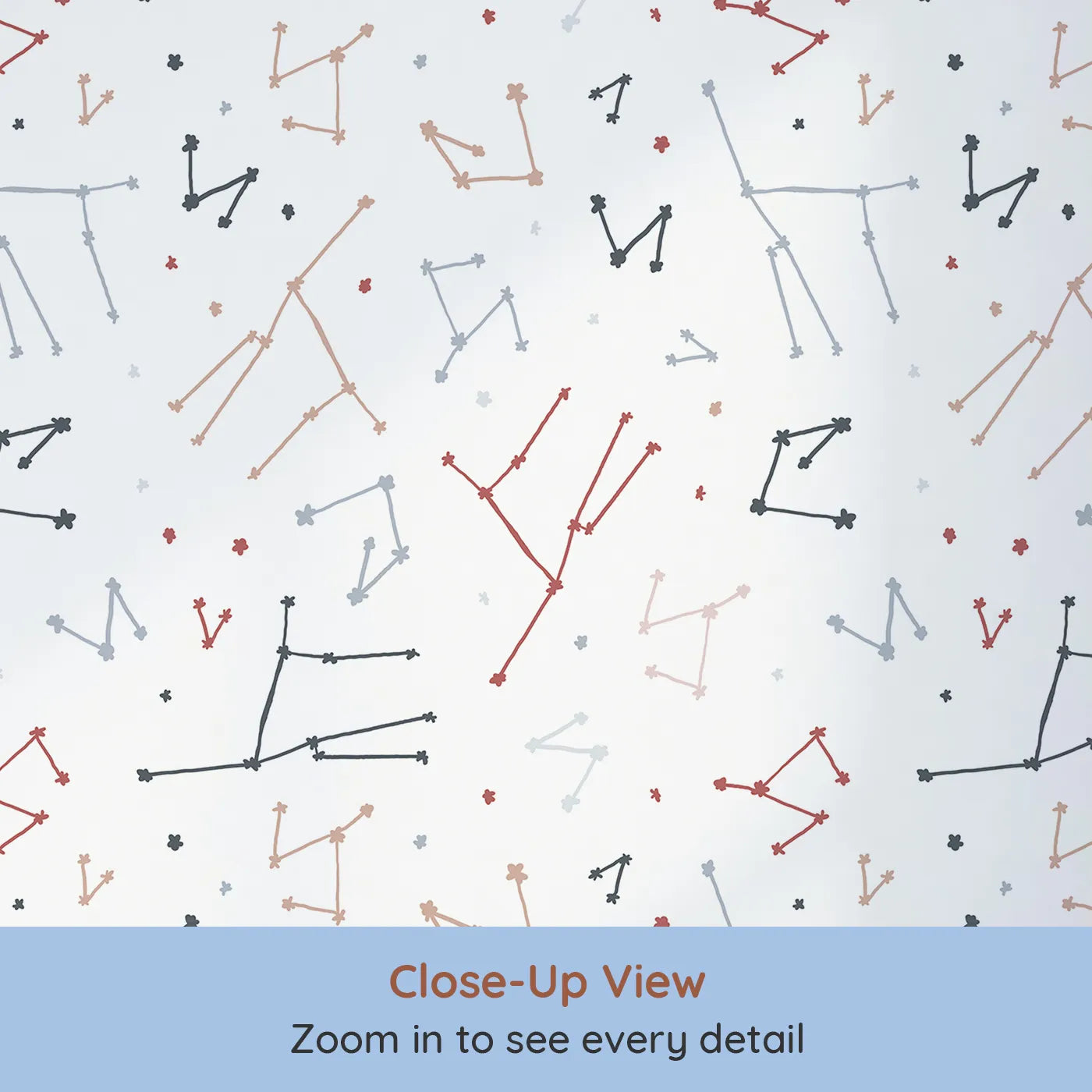 Close-up view of Whimsy Tots' Abstract Star Constellation Wallpaper (W2066).Where colorful, abstract stars connect in a playful galaxy.