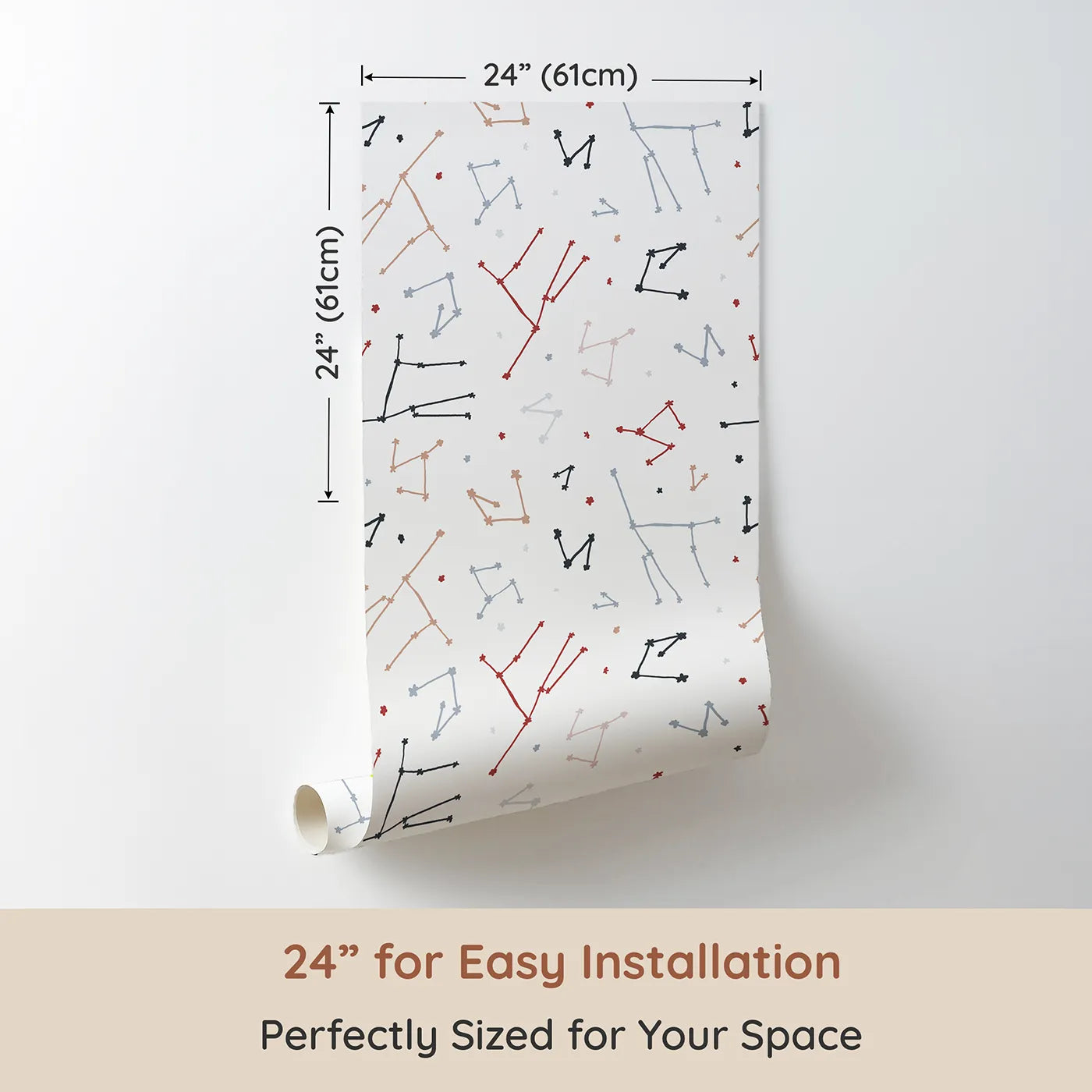 Dimension view of Whimsy Tots Abstract Star Constellation Wallpaper (W2066). Printed in 24-inch-wide panel for easy installation. Where colorful, abstract stars connect in a playful galaxy.