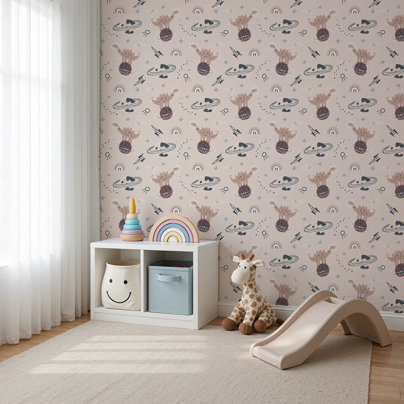 Angled view of Whimsy Tots' Dino Planet Explorer Wallpaper (W2067).Where friendly dinosaurs discover a universe of fun.