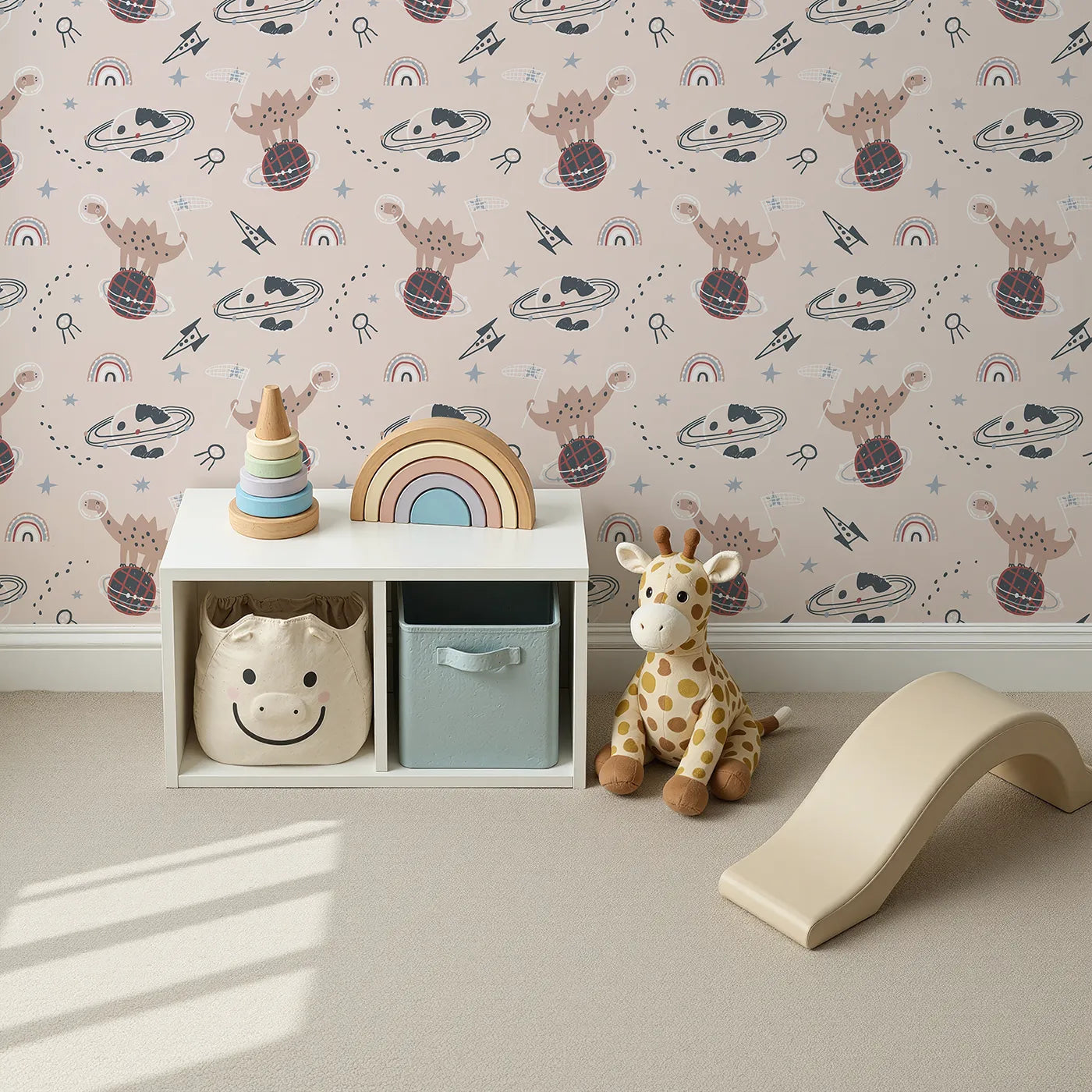 Top-Down view of Whimsy Tots' Dino Planet Explorer Wallpaper (W2067).Where friendly dinosaurs discover a universe of fun.