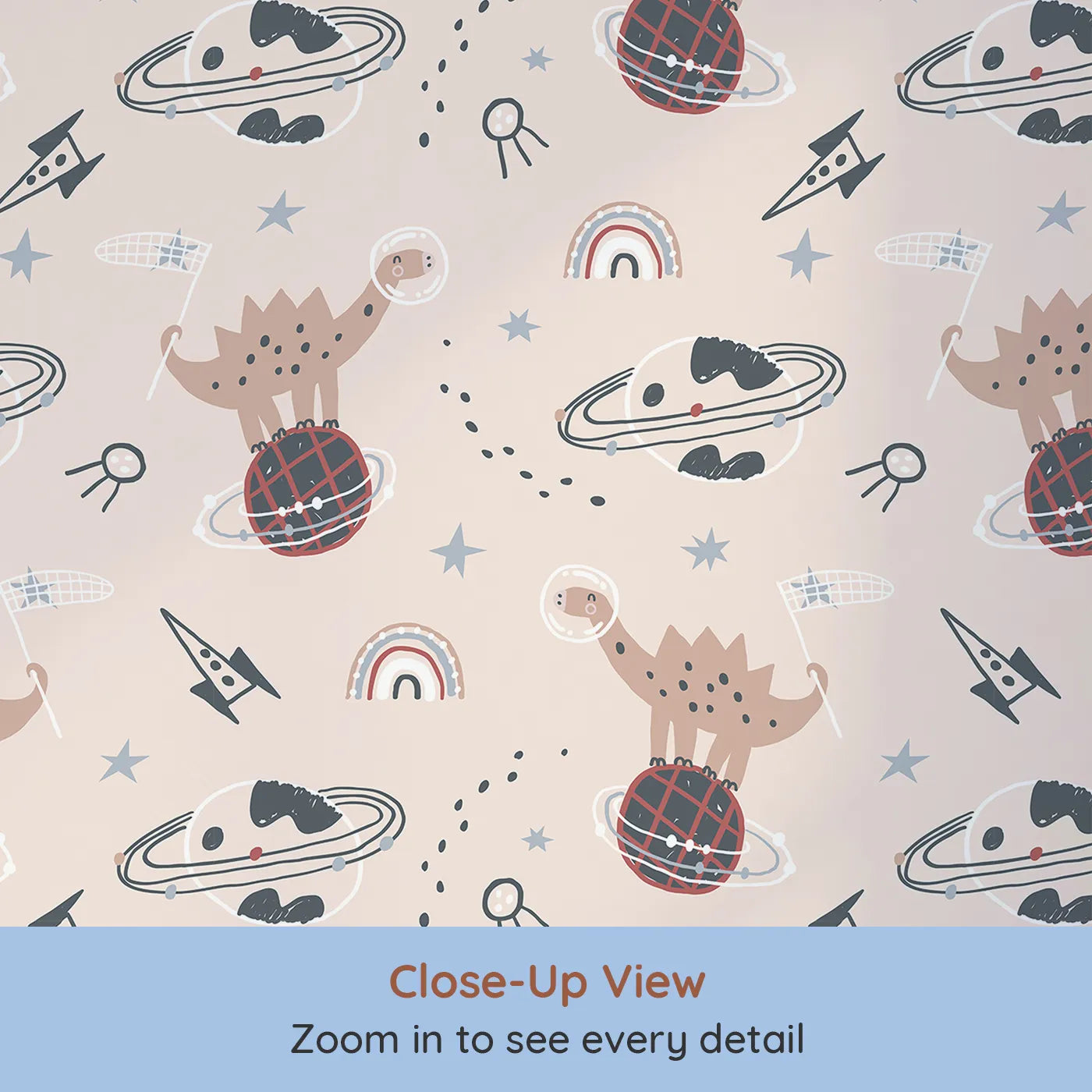 Close-up view of Whimsy Tots' Dino Planet Explorer Wallpaper (W2067).Where friendly dinosaurs discover a universe of fun.