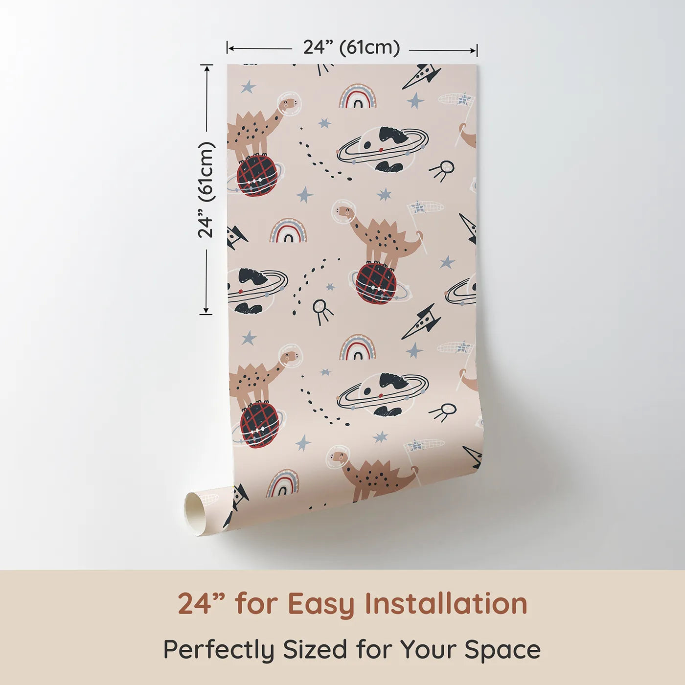 Dimension view of Whimsy Tots Dino Planet Explorer Wallpaper (W2067). Printed in 24-inch-wide panel for easy installation. Where friendly dinosaurs discover a universe of fun.