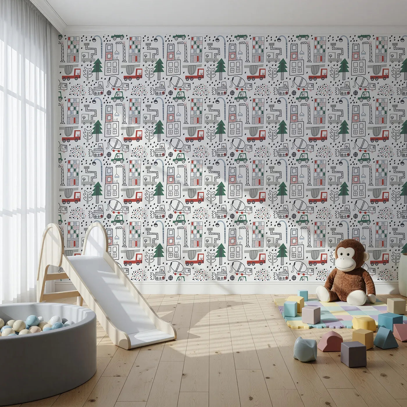 Front view of Whimsy Tots' Doodle Construction City Wallpaper