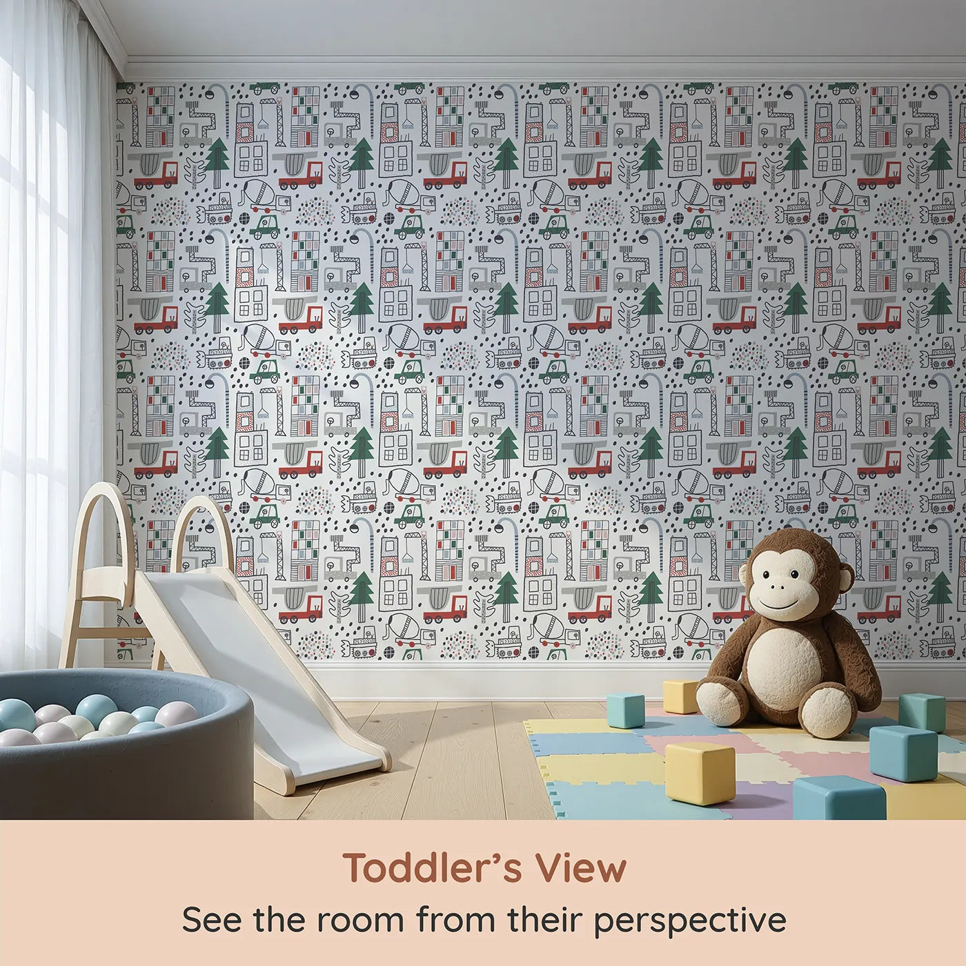 Whimsy Tots Doodle Construction City Wallpaper (W2068) from your child's view.Where hand-drawn trucks and buildings are busy at work and play.