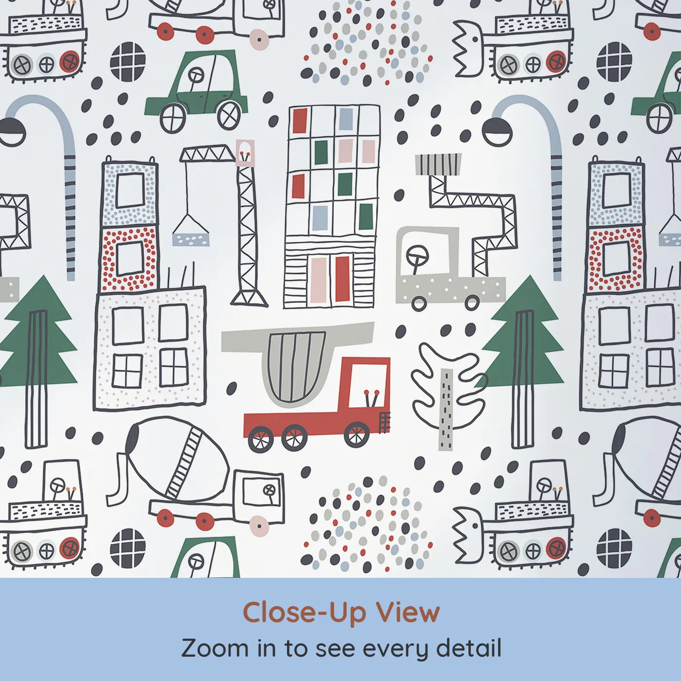 Close-up view of Whimsy Tots' Doodle Construction City Wallpaper (W2068).Where hand-drawn trucks and buildings are busy at work and play.