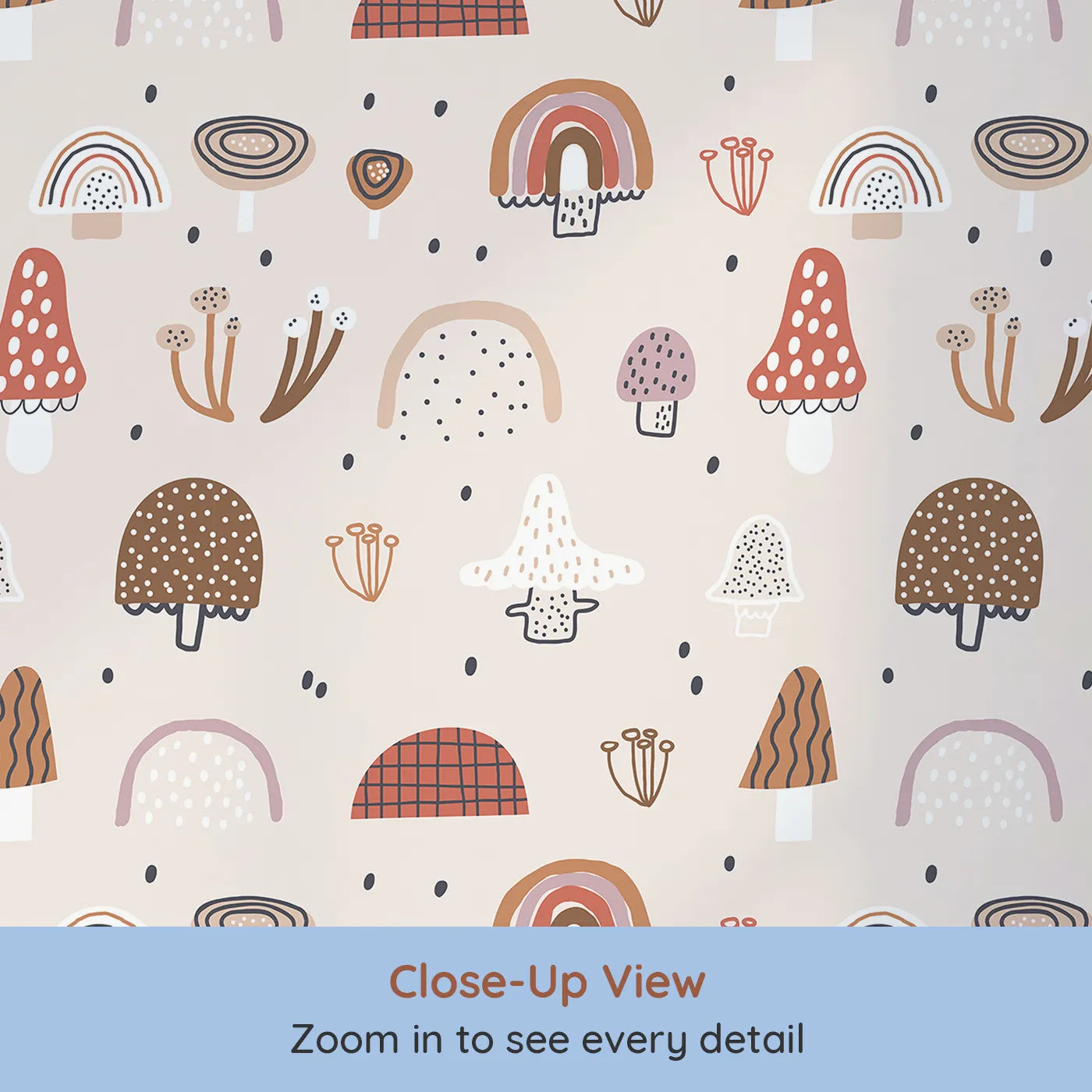 Close-up view of Whimsy Tots' Boho Mushroom Rainbow Wallpaper (W2069).Where whimsical mushrooms and earthy rainbows sprout with magic.