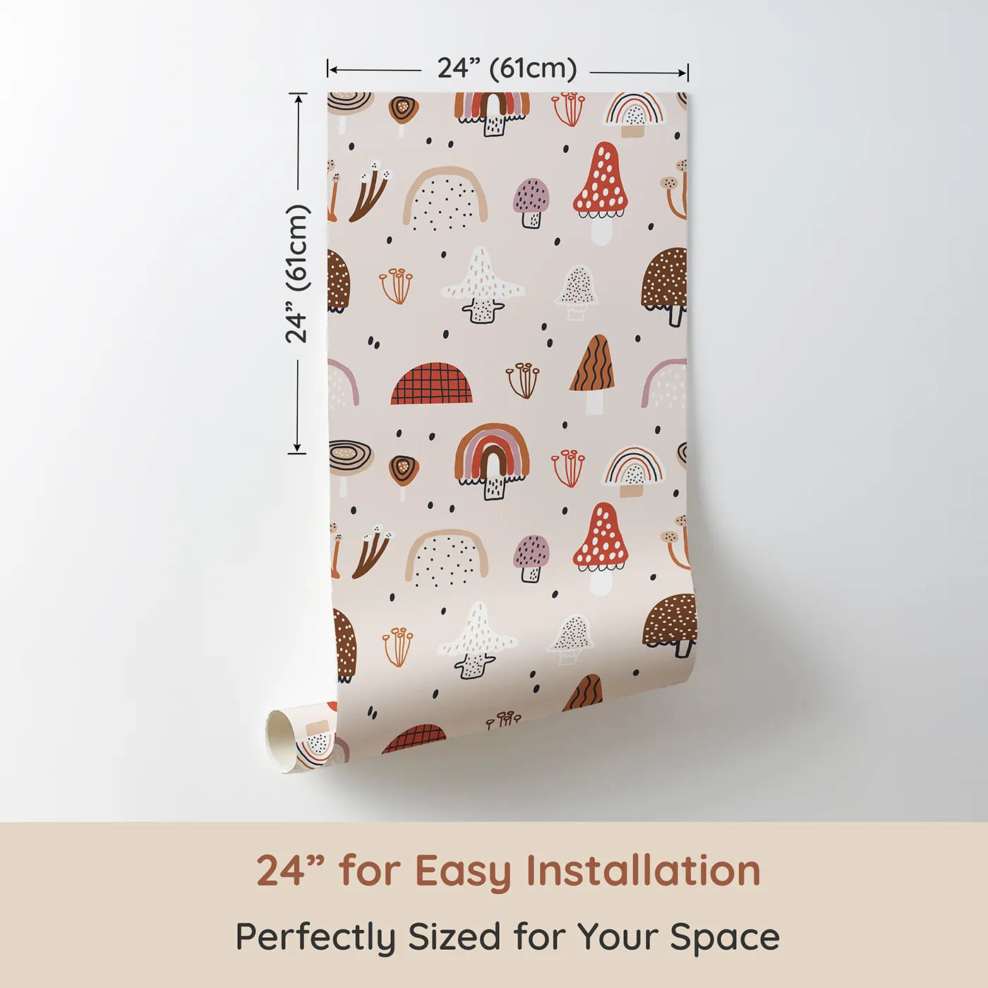 Dimension view of Whimsy Tots Boho Mushroom Rainbow Wallpaper (W2069). Printed in 24-inch-wide panel for easy installation. Where whimsical mushrooms and earthy rainbows sprout with magic.