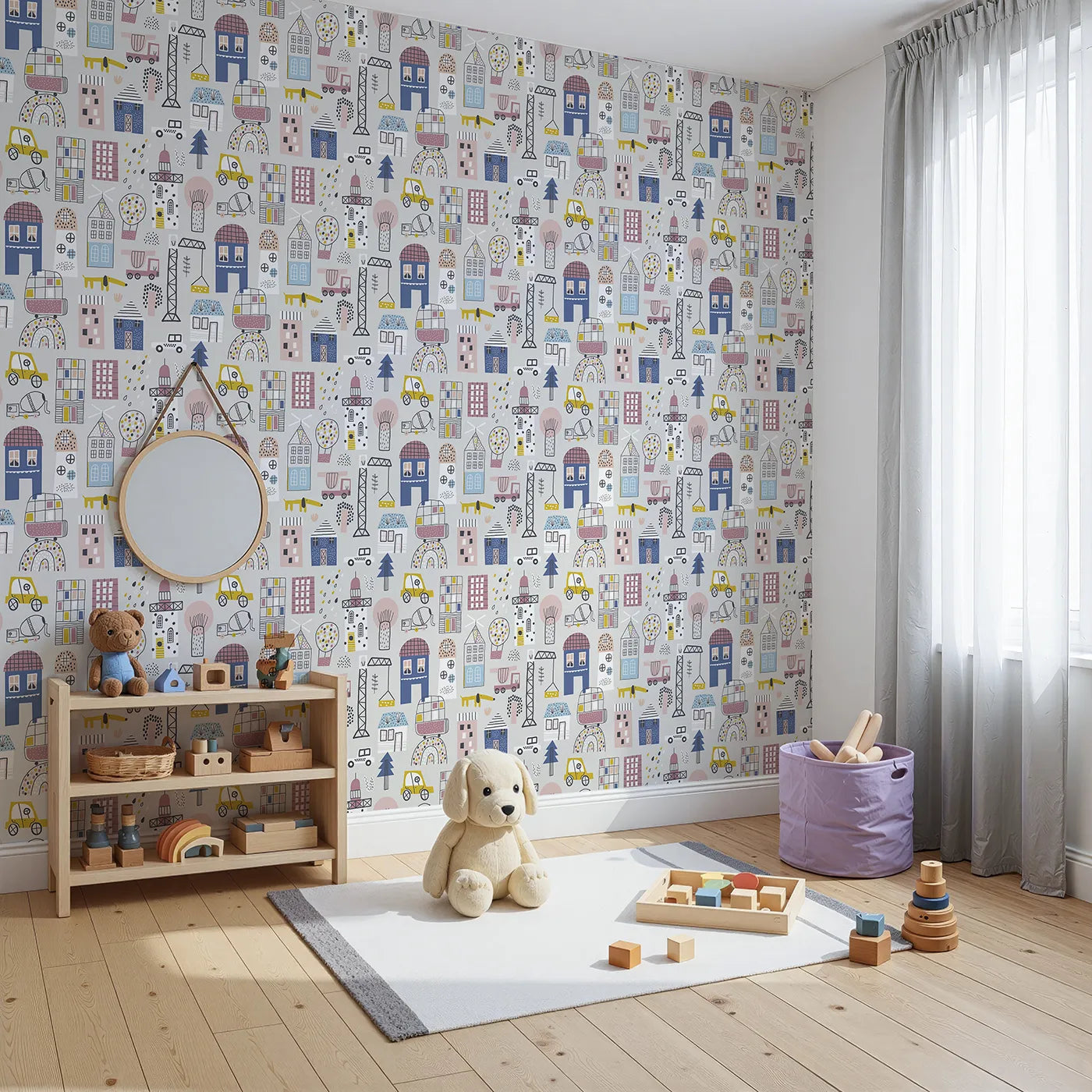 Angled view of Whimsy Tots' Busy Scandi Town Wallpaper (W2070).Where colorful houses and quirky cars create a happy neighborhood.