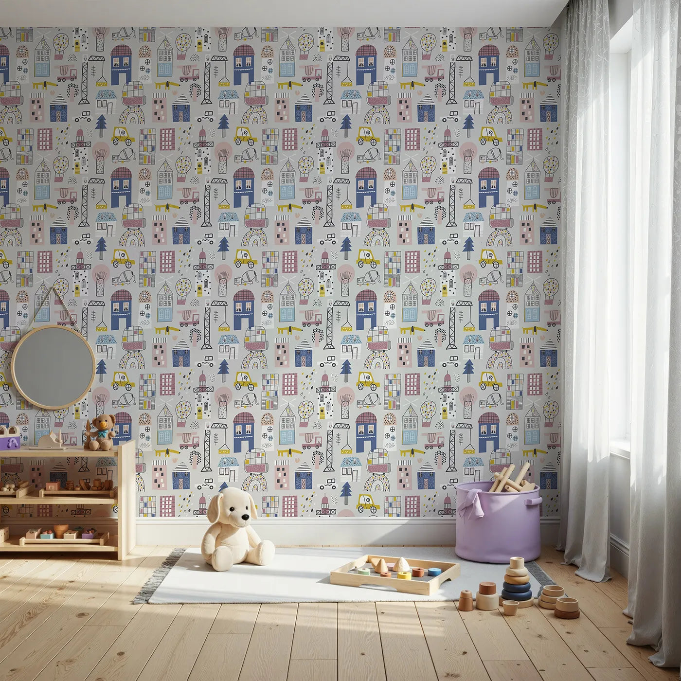 Front view of Whimsy Tots' Busy Scandi Town Wallpaper