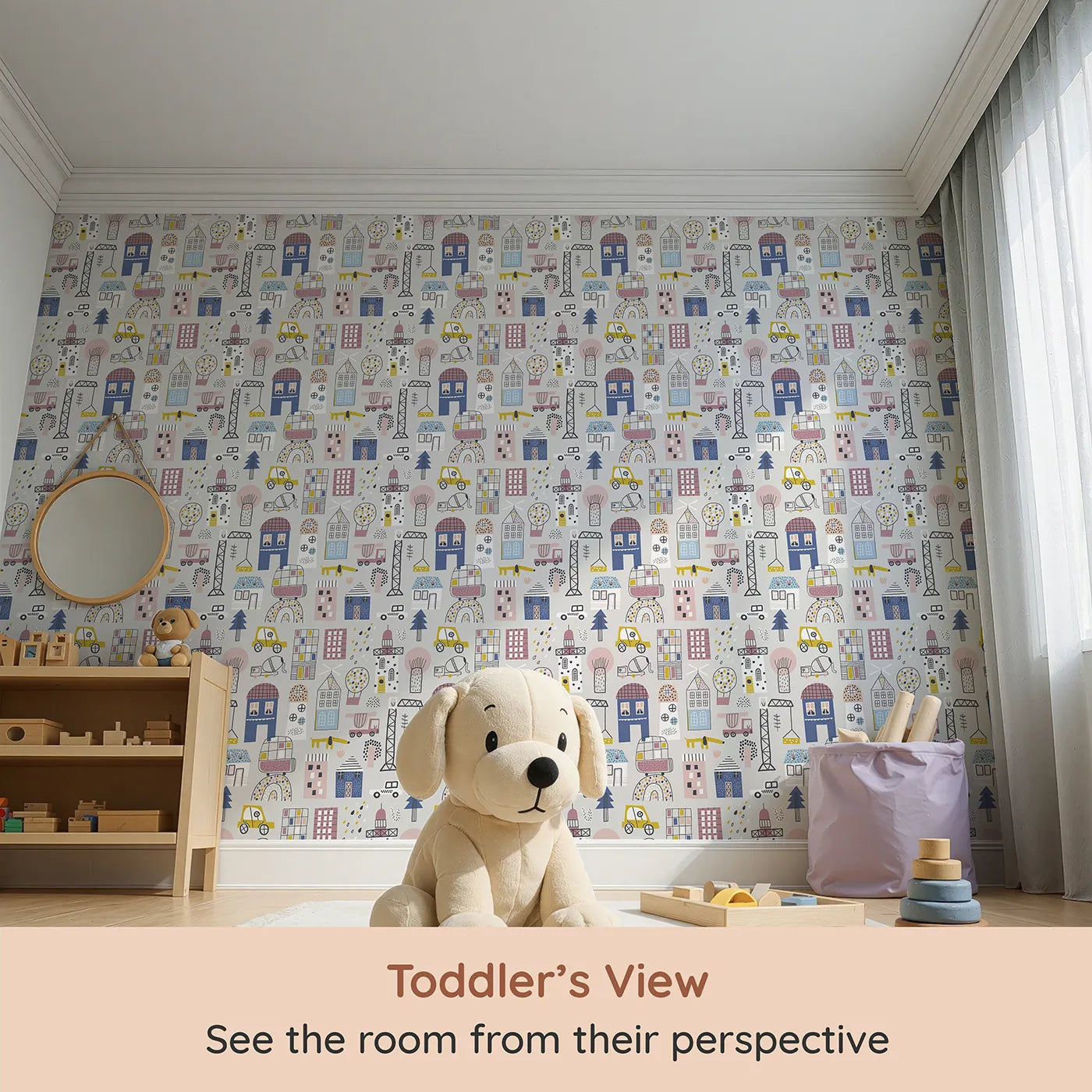 Whimsy Tots Busy Scandi Town Wallpaper (W2070) from your child's view.Where colorful houses and quirky cars create a happy neighborhood.