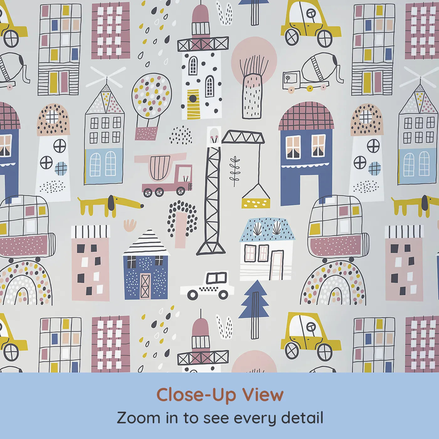 Close-up view of Whimsy Tots' Busy Scandi Town Wallpaper (W2070).Where colorful houses and quirky cars create a happy neighborhood.