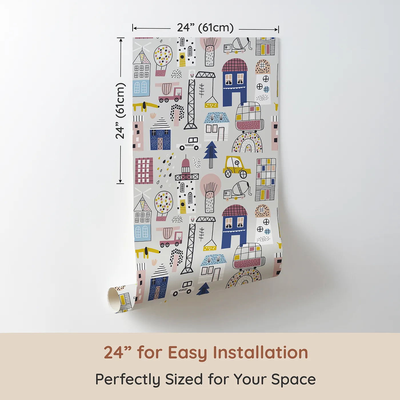 Dimension view of Whimsy Tots Busy Scandi Town Wallpaper (W2070). Printed in 24-inch-wide panel for easy installation. Where colorful houses and quirky cars create a happy neighborhood.