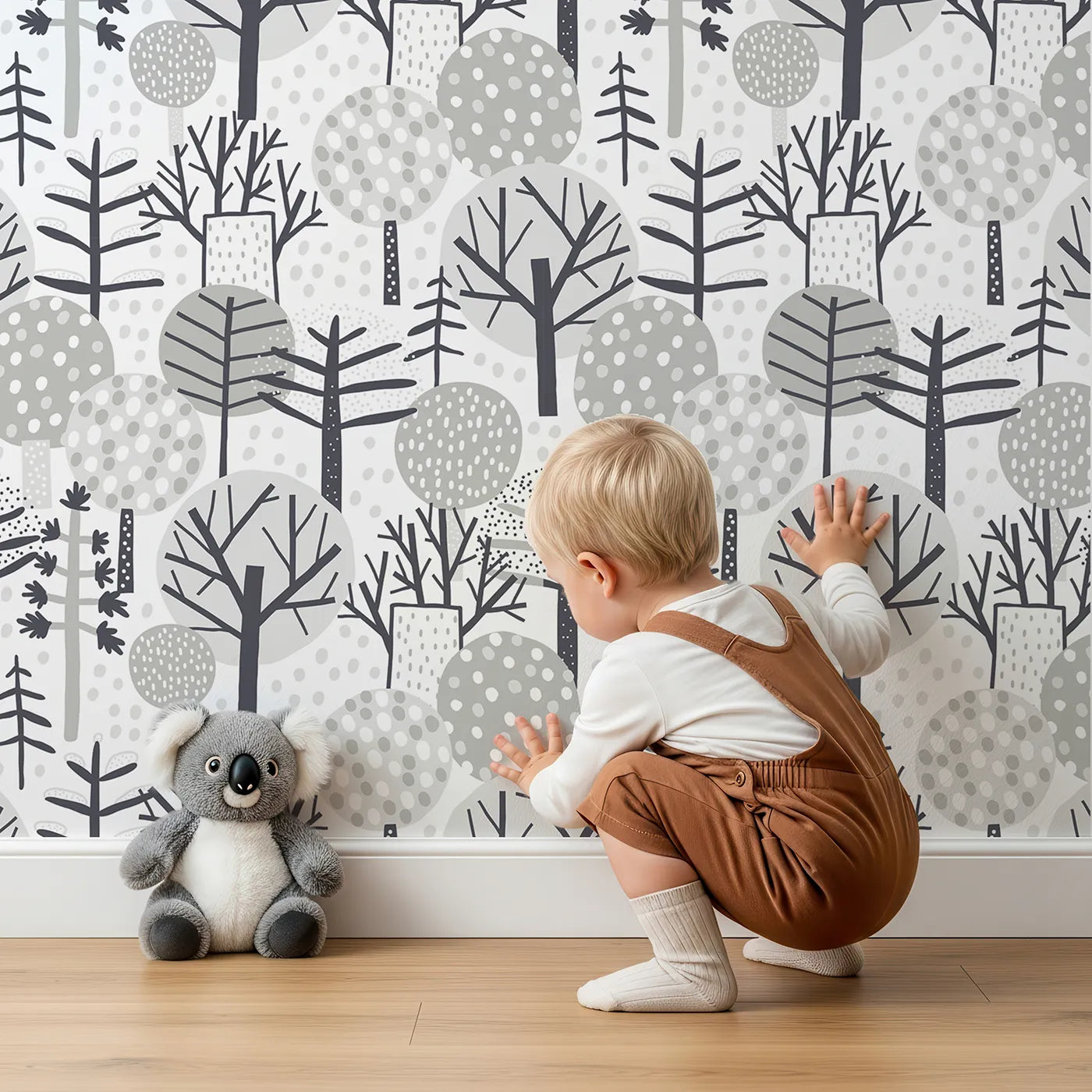 Lovely child standing in front of Whimsy Tots Monochrome Winter Forest Wallpaper with forest, tree, winter, monochrome, scandinavian in design.