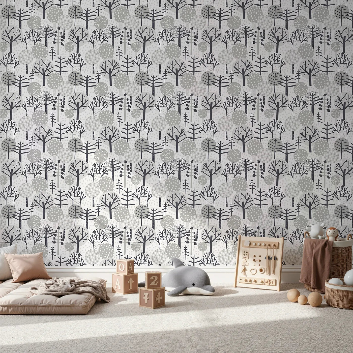 Front view of Whimsy Tots' Monochrome Winter Forest Wallpaper