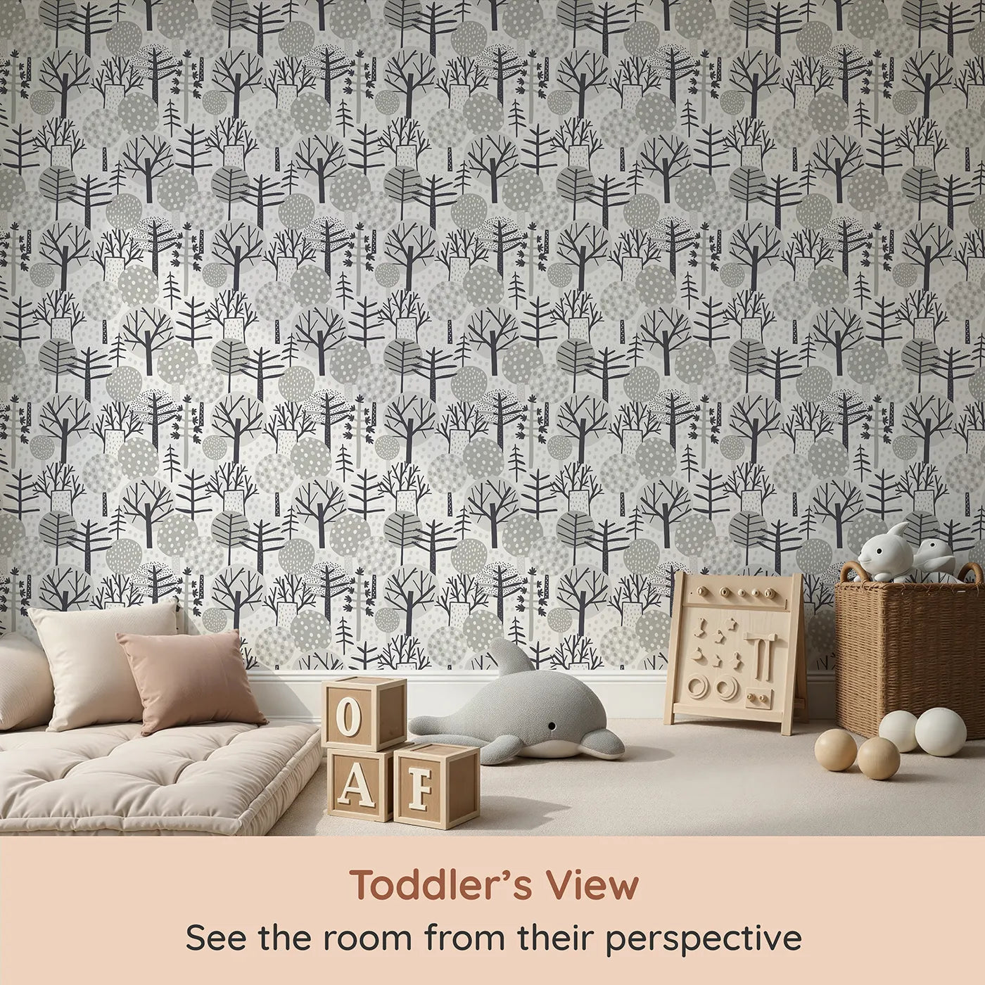 Whimsy Tots Monochrome Winter Forest Wallpaper (W2071) from your child's view.Where stylized trees create a calm and graphic winter scene.
